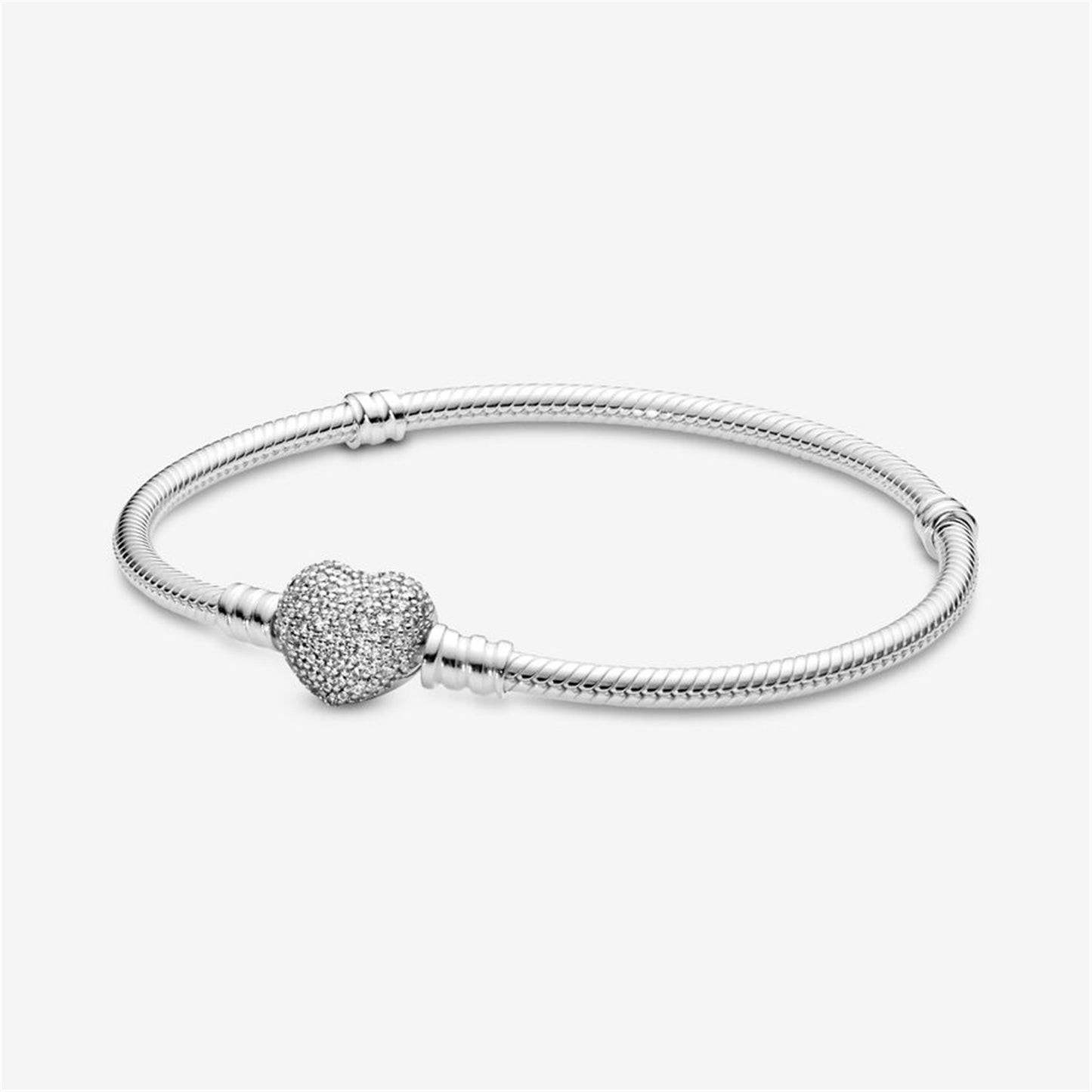 S925 sterling silver Moments Pavé Heart Clasp Snake Chain Bracelet