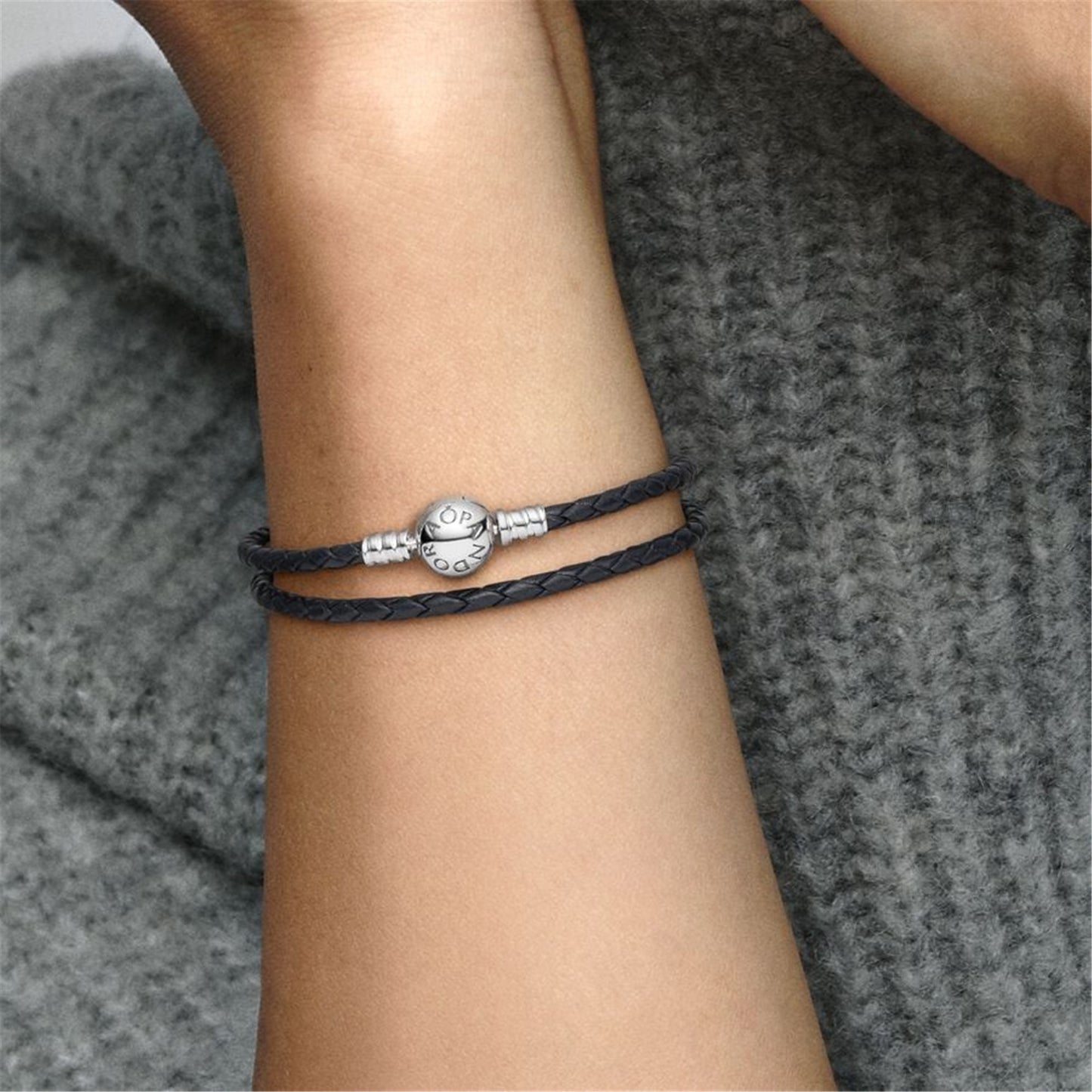 S925 sterling silver Moments Double Black Leather Bracelet