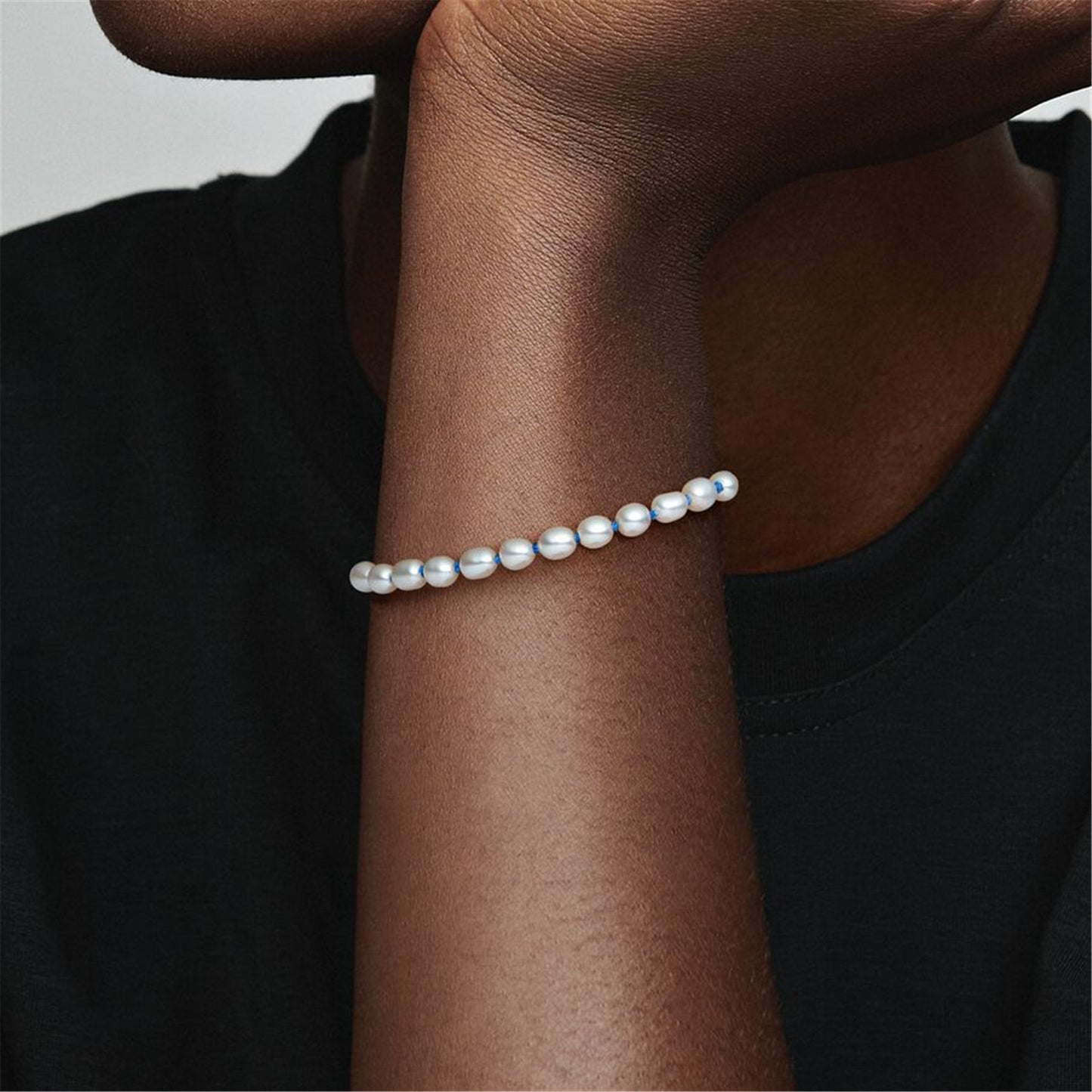 S925 sterling silver Treated Freshwater Cultured Pearl Blue Cord Chain Bracelet