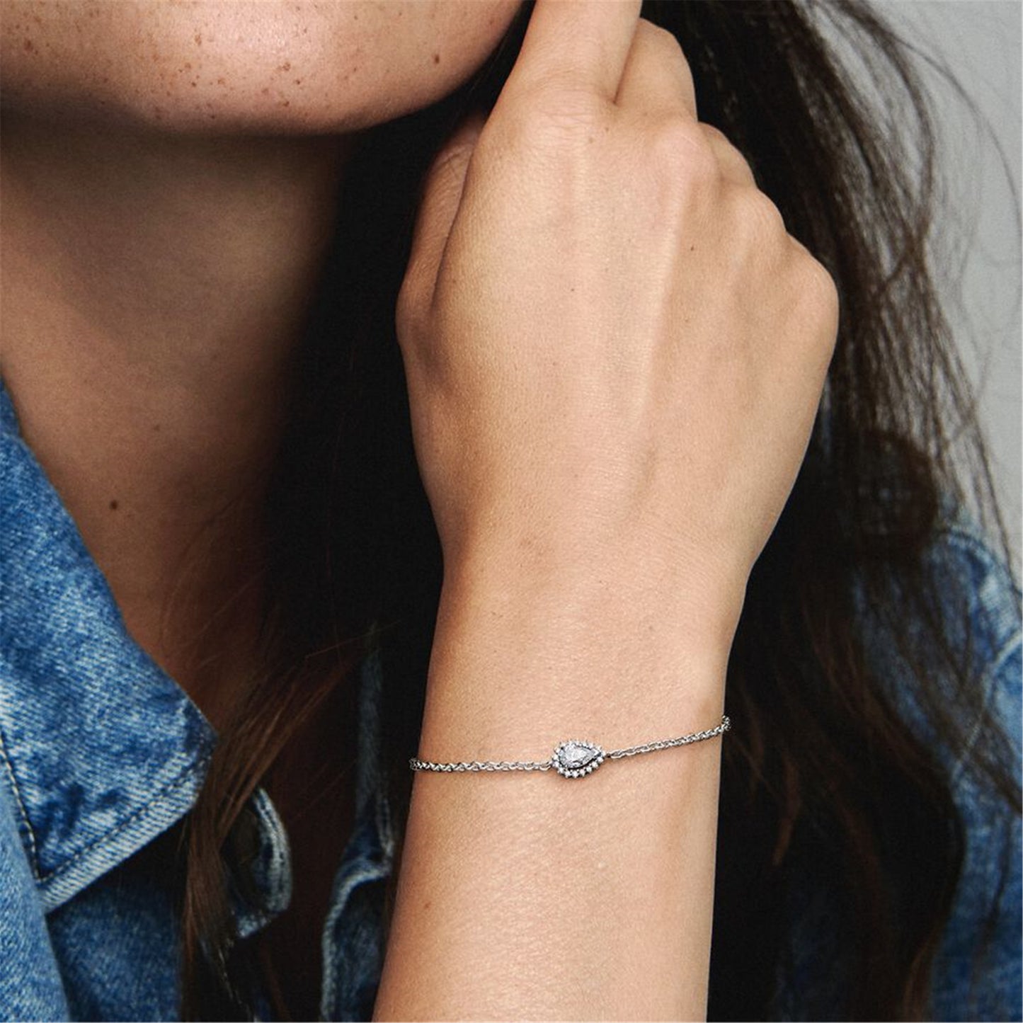S925 sterling silver Sparkling Pear Halo Chain Bracelet