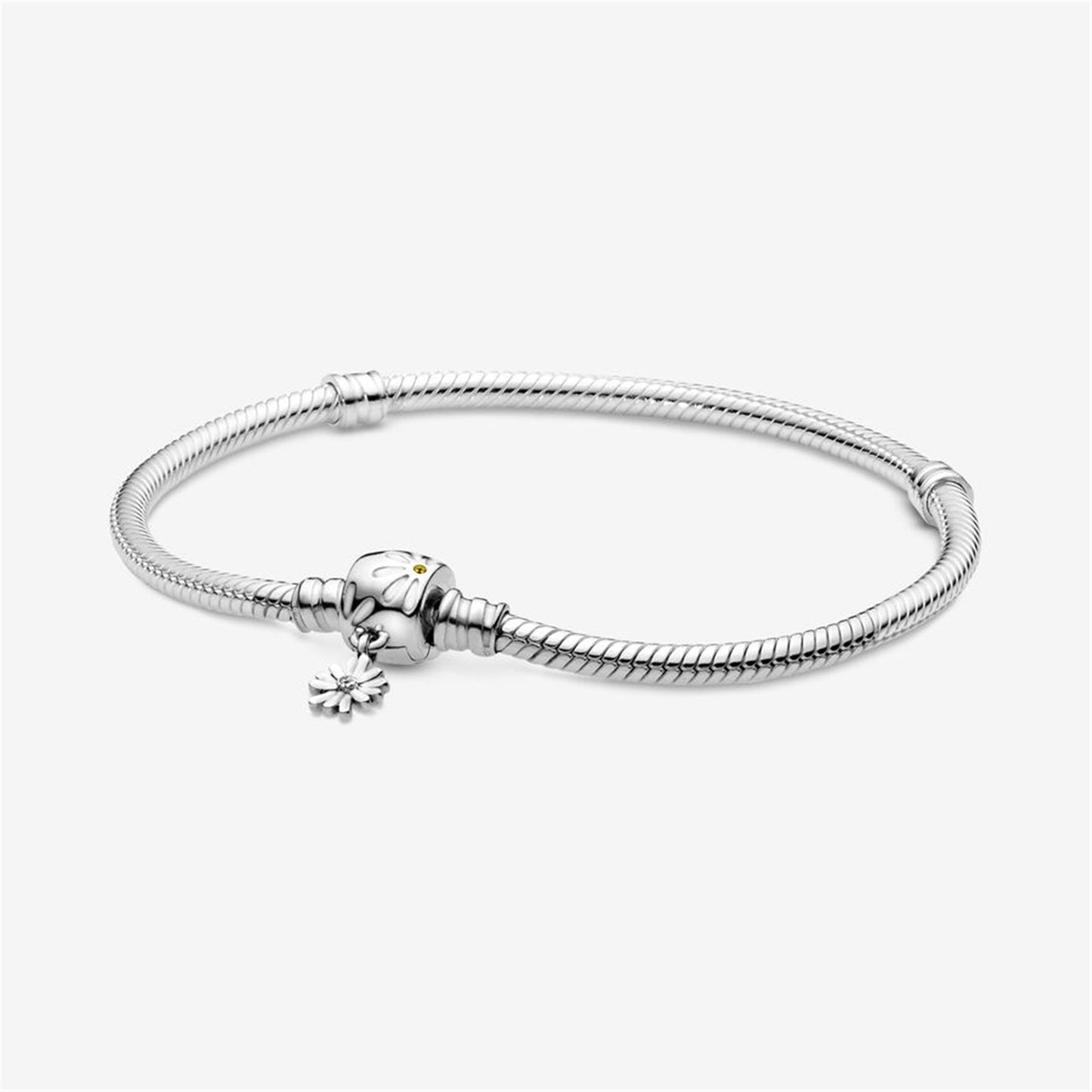 S925 sterling silver Moments Daisy Flower Clasp Snake Chain Bracelet