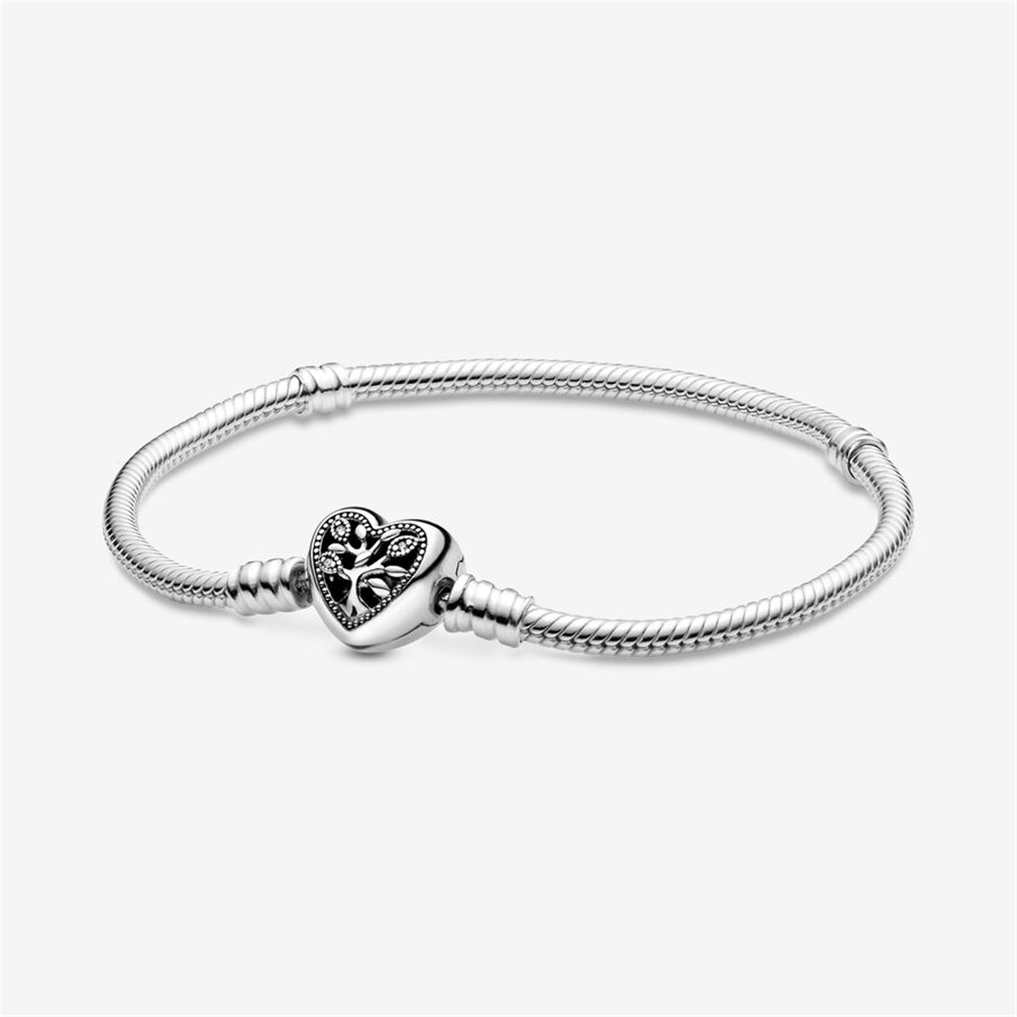 S925 sterling silver Moments Family Tree Heart Clasp Snake Chain Bracelet