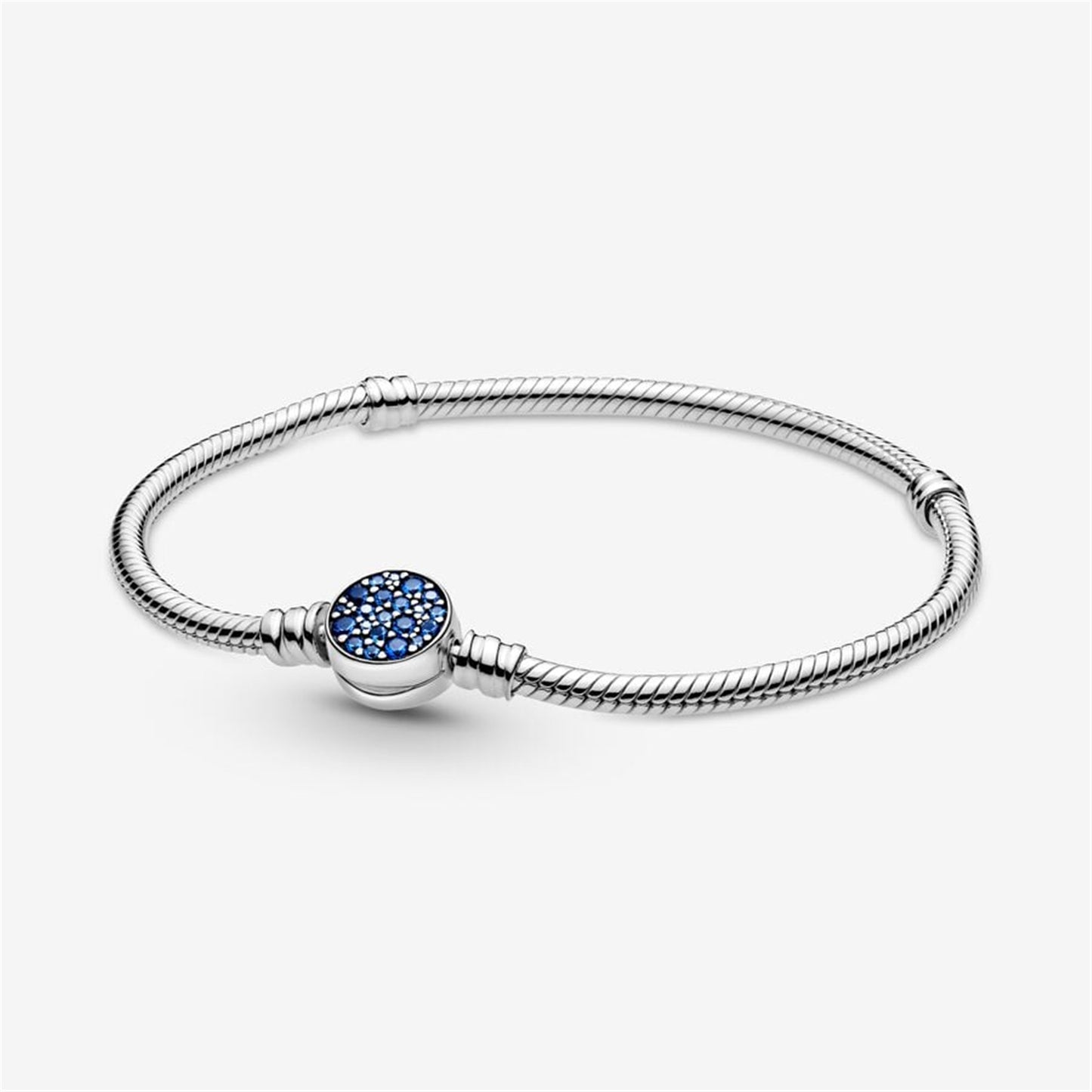 S925 sterling silver Moments Sparkling Blue Disc Clasp Snake Chain Bracelet