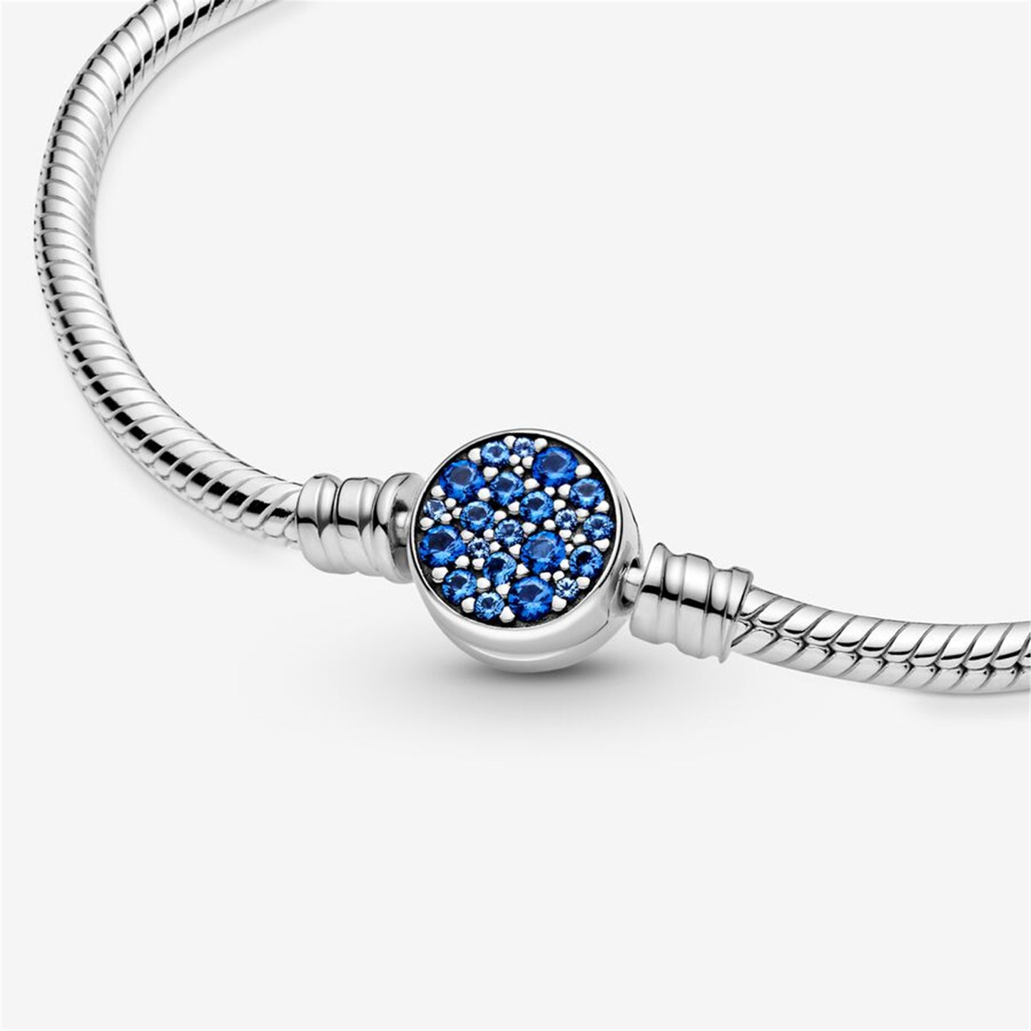 S925 sterling silver Moments Sparkling Blue Disc Clasp Snake Chain Bracelet