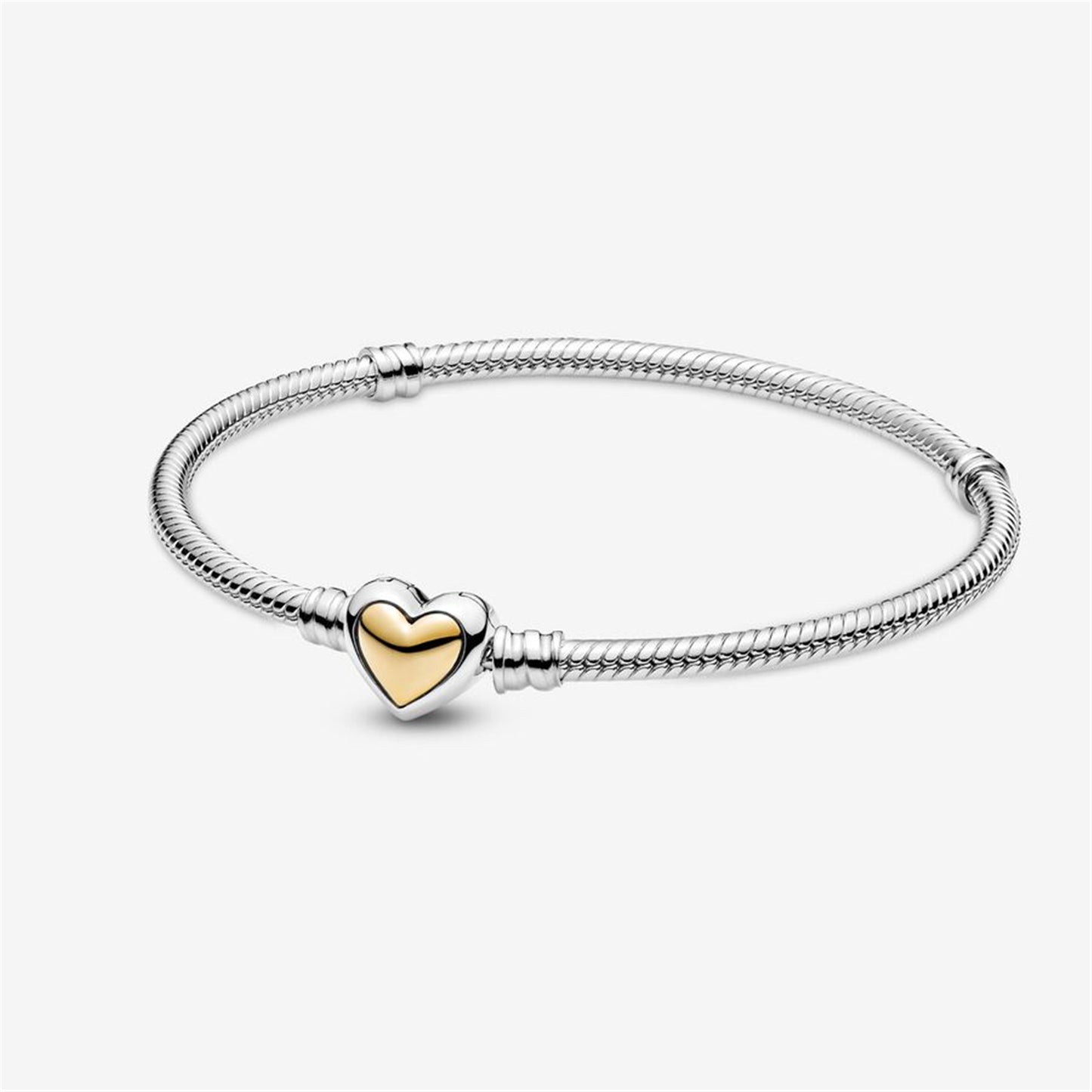 S925 Sterling Silver Domed Golden Heart Clasp Snake Chain Bracelet