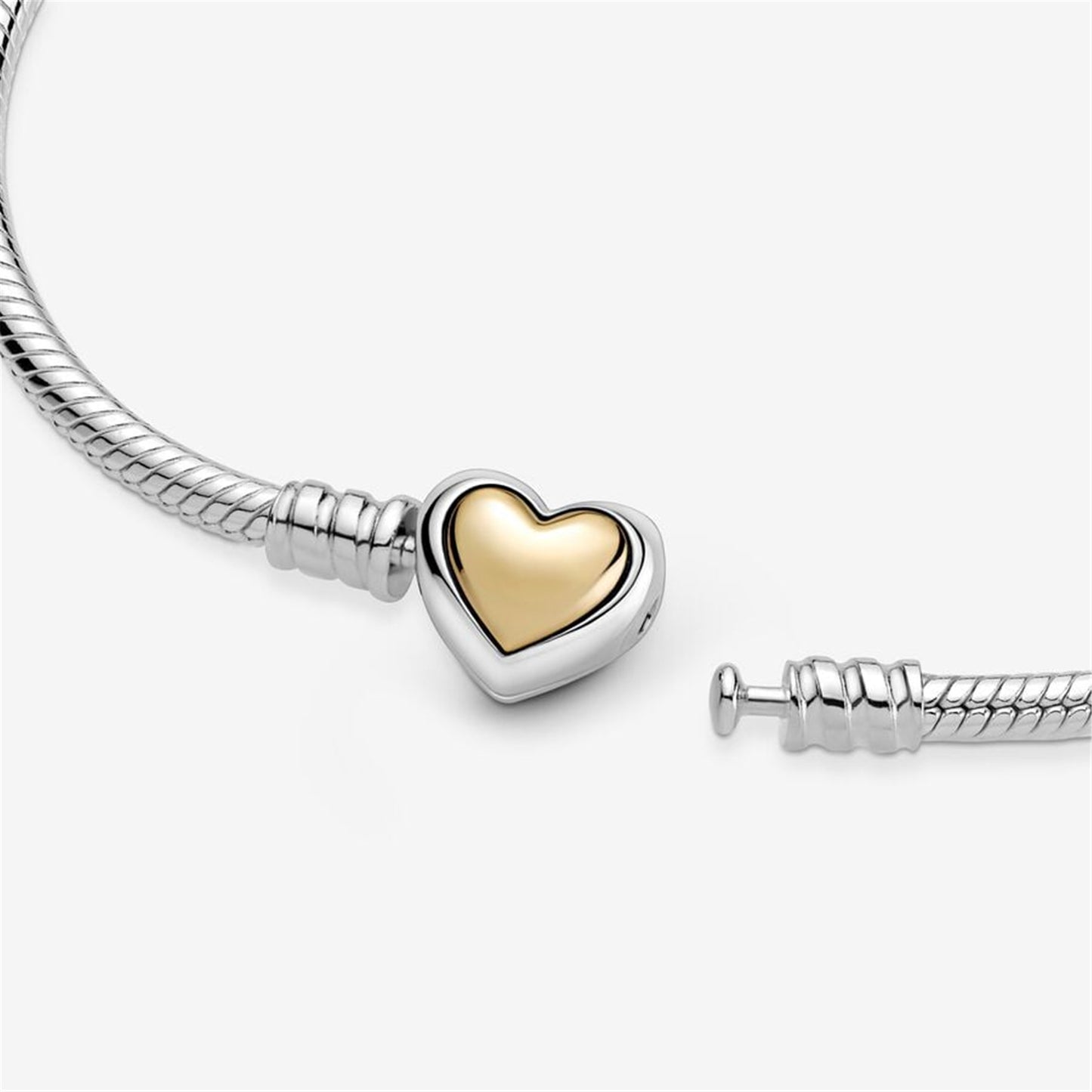 S925 Sterling Silver Domed Golden Heart Clasp Snake Chain Bracelet