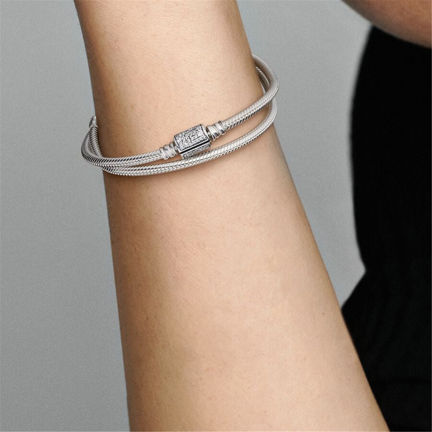 S925 sterling silver Moments Double Wrap Barrel Clasp Snake Chain Bracelet/Necklace