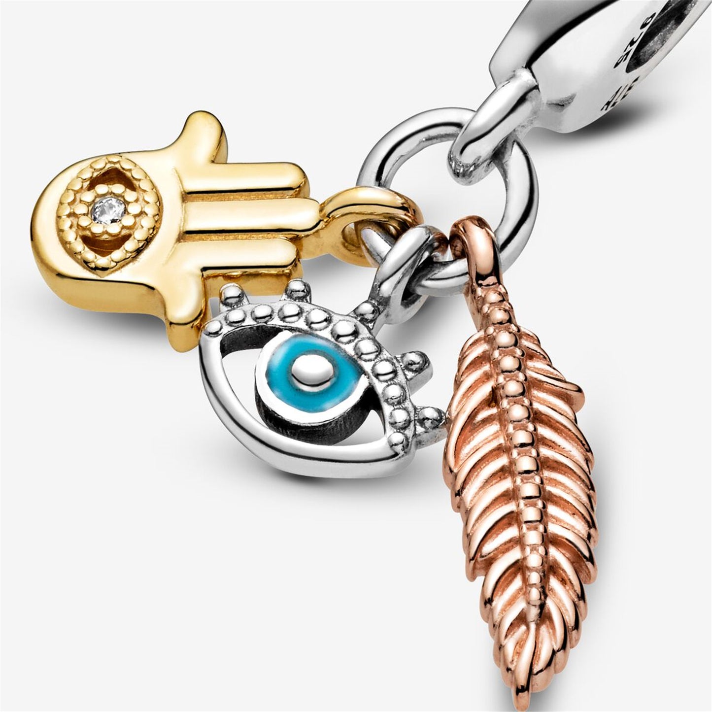 S925 Sterling Silver Hamsa, All-seeing Eye & Feather Spirituality Dangle Charm