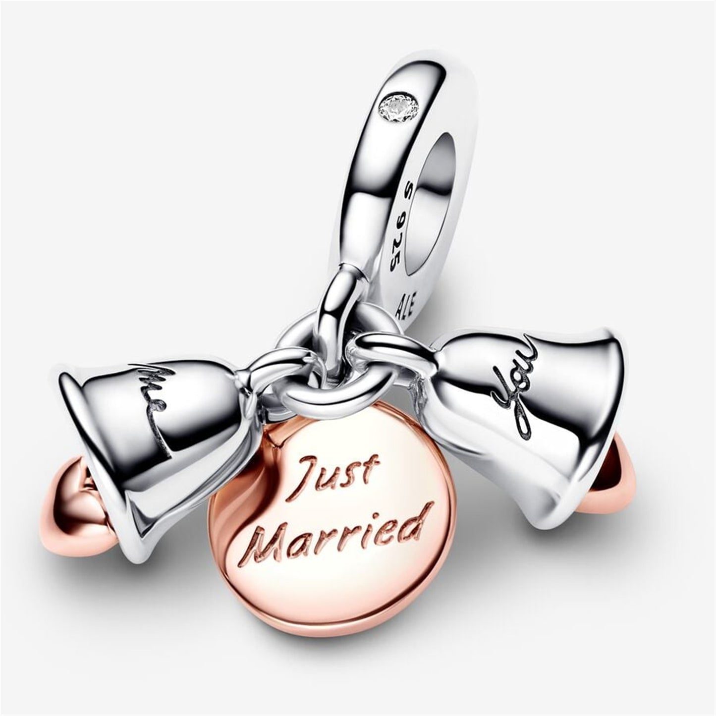 S925 Sterling Silver Two-tone Wedding Bells Double Dangle Charm