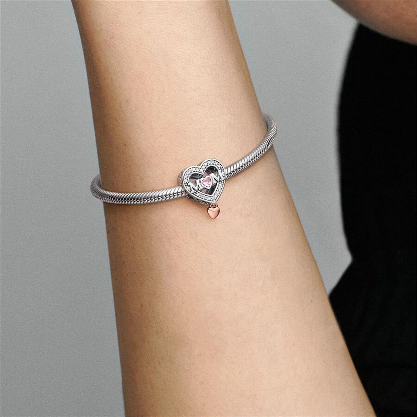 S925 Sterling Silver Two-tone Openwork Mum & Heart Charm