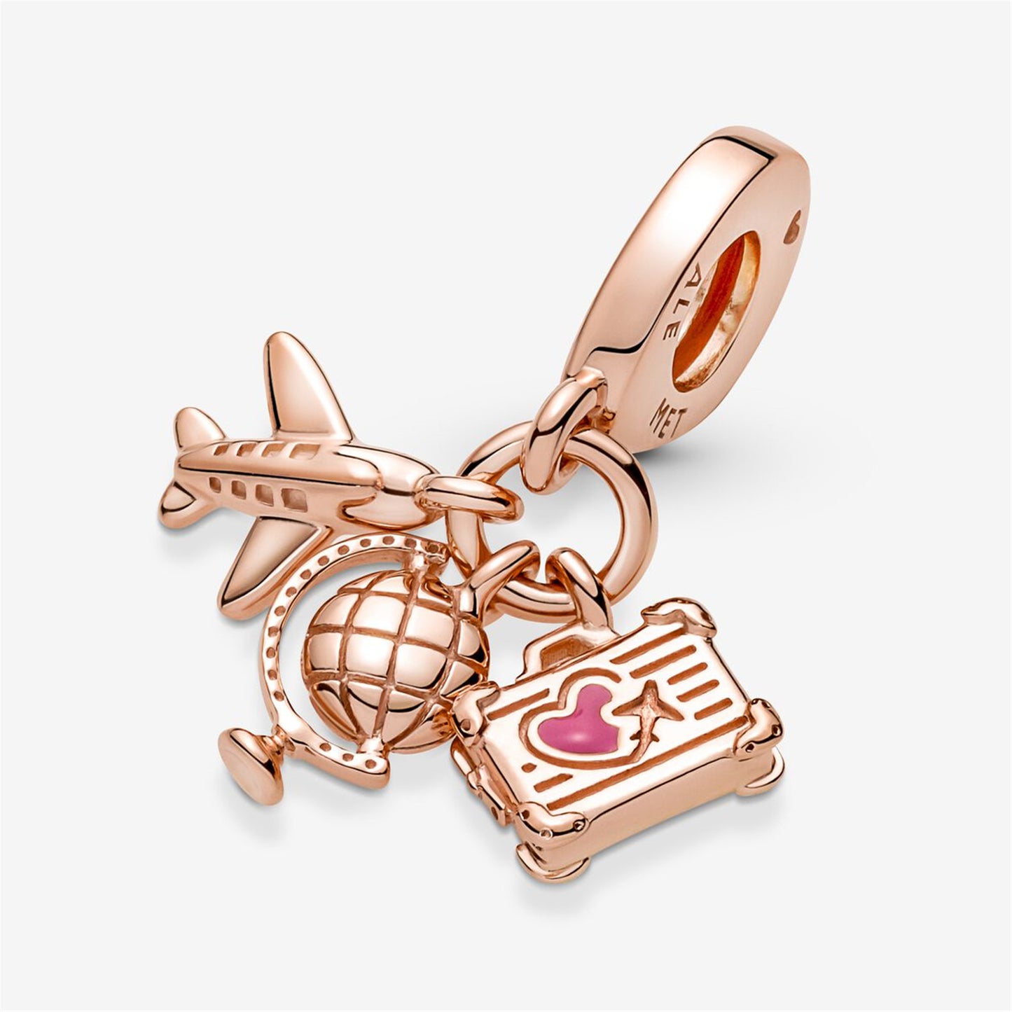 S925 Sterling Silver Airplane, Globe & Suitcase Triple Dangle Charm
