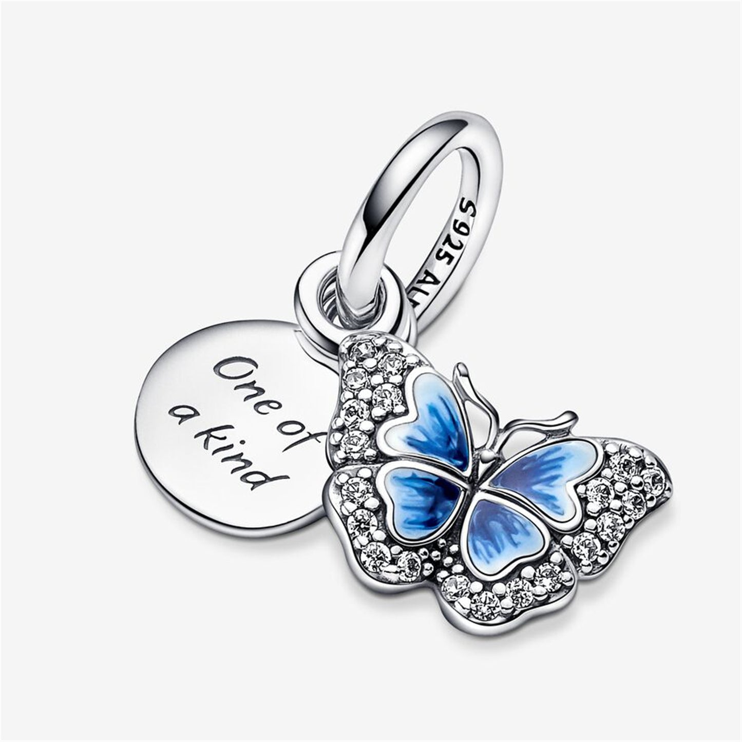 S925 Sterling Silver Blue Butterfly & Quote Double Dangle Charm