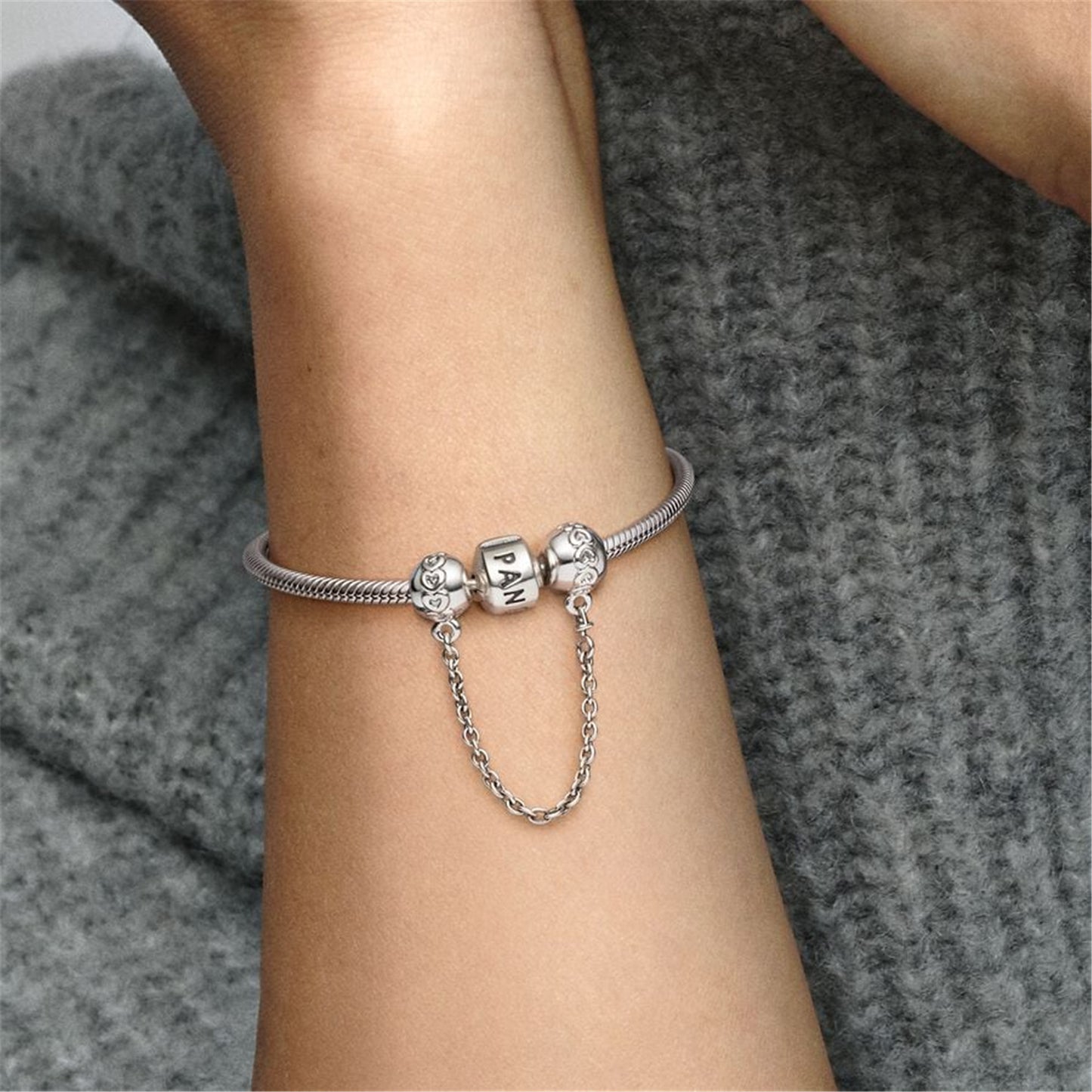 S925 Sterling Silver Band of Hearts Safety Chain Charm