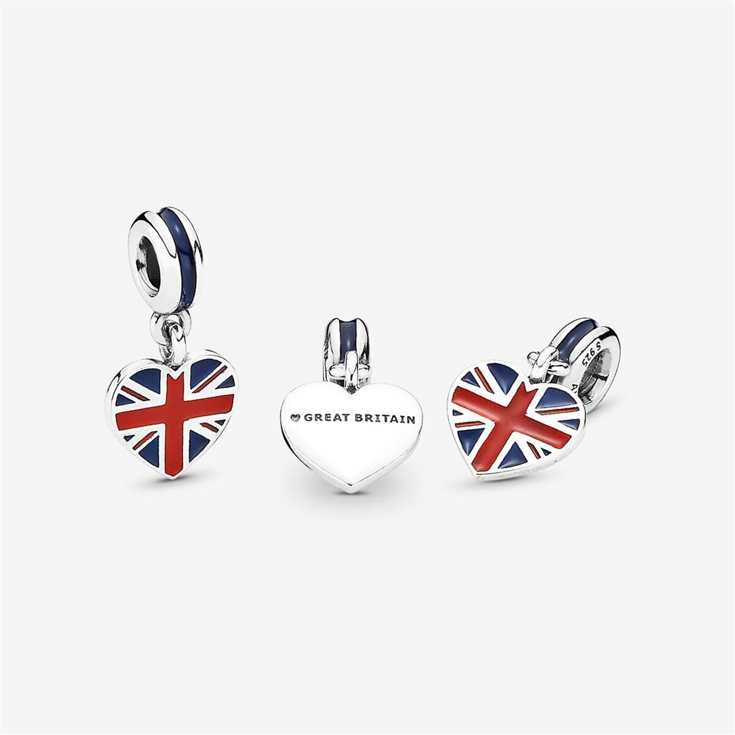 S925 Sterling Silver Great Britain Union Jack Heart Dangle Charm
