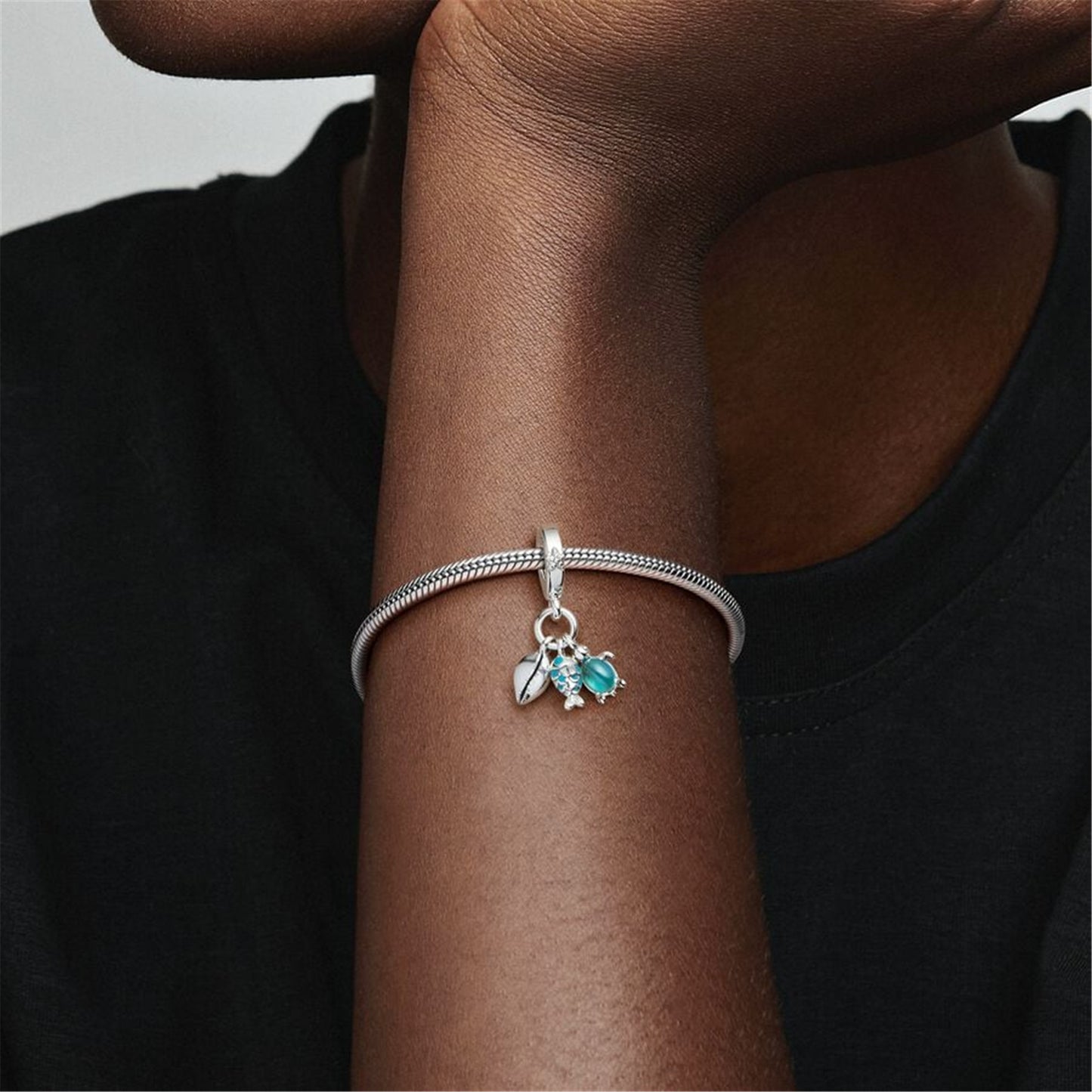 S925 Sterling Silver Fish, Sea Turtle & Conch Triple Dangle Charm