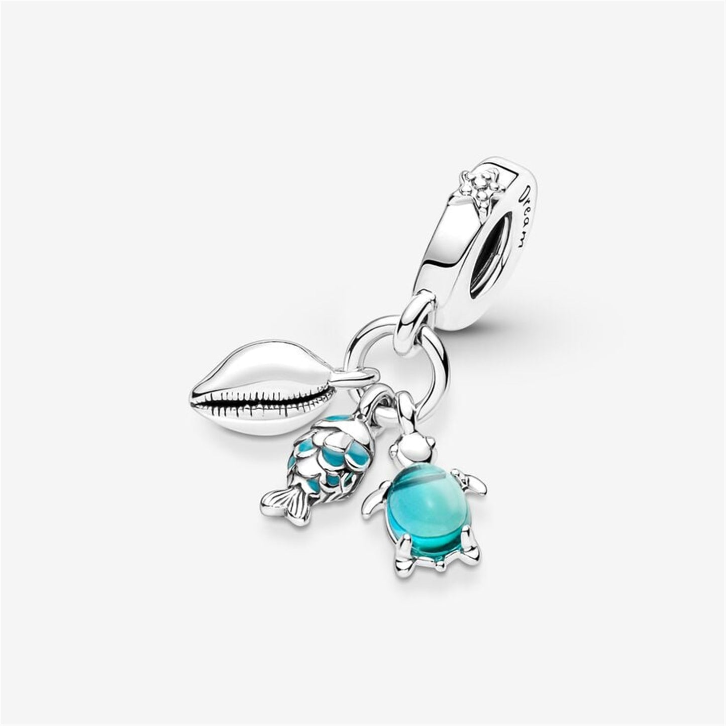 S925 Sterling Silver Fish, Sea Turtle & Conch Triple Dangle Charm