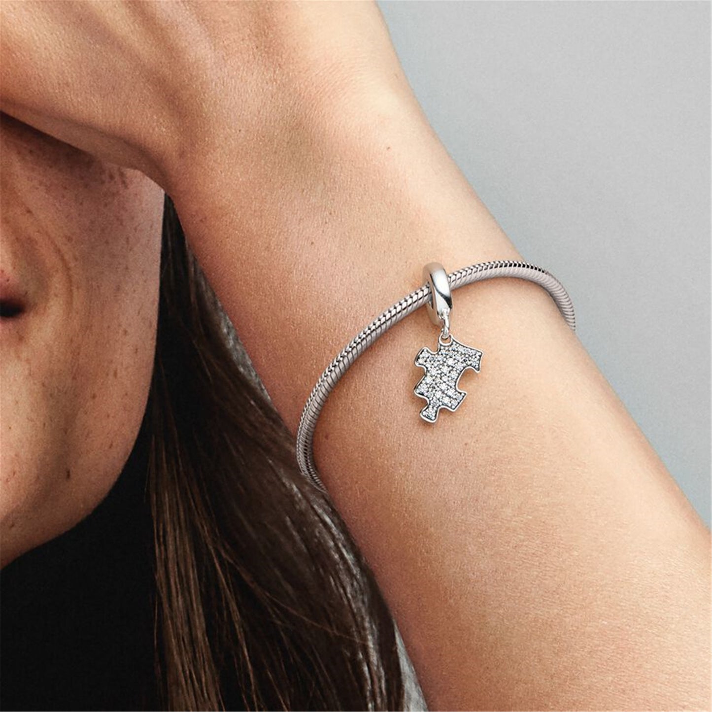 S925 Sterling Silver Sparkling Puzzle Piece Dangle Charm