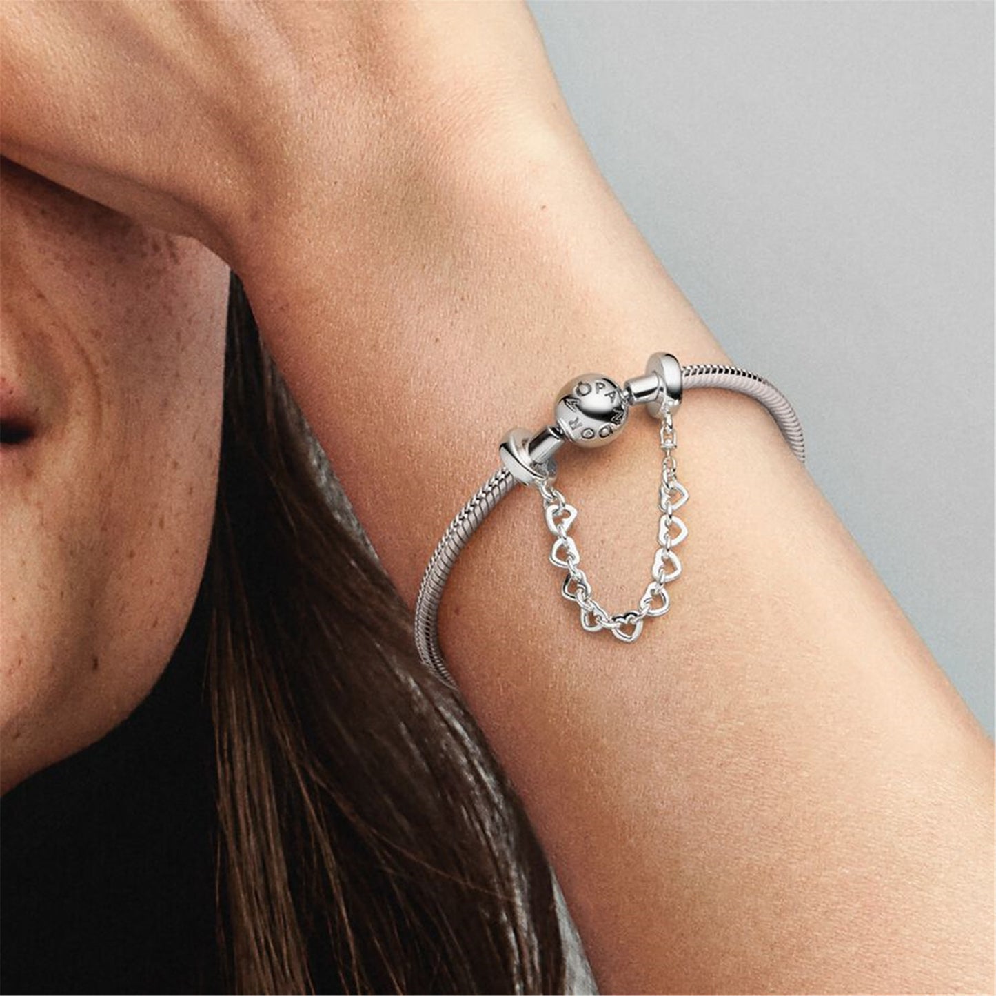 S925 Sterling Silver Linked Hearts Safety Chain