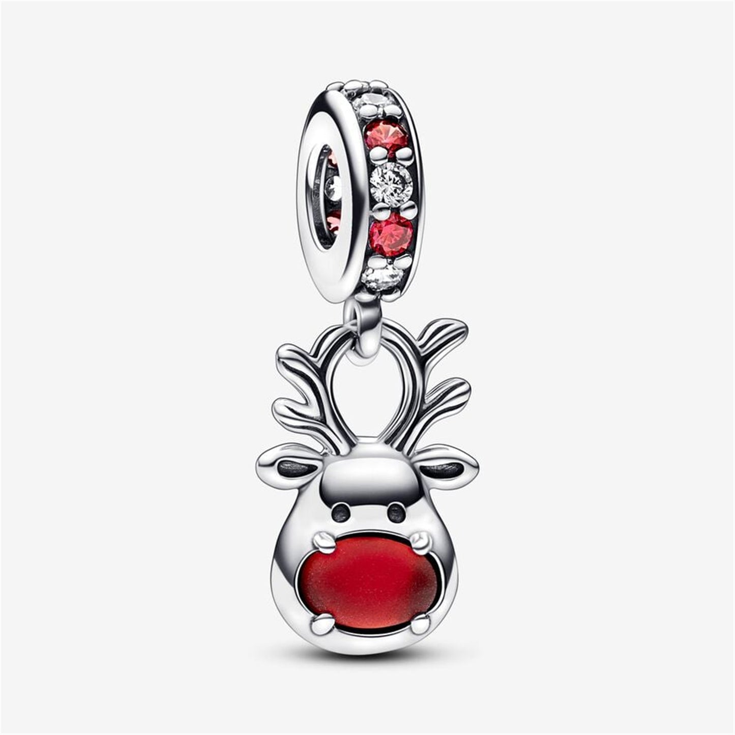 S925 Sterling Silver Red Nose Reindeer Murano Dangle Charm