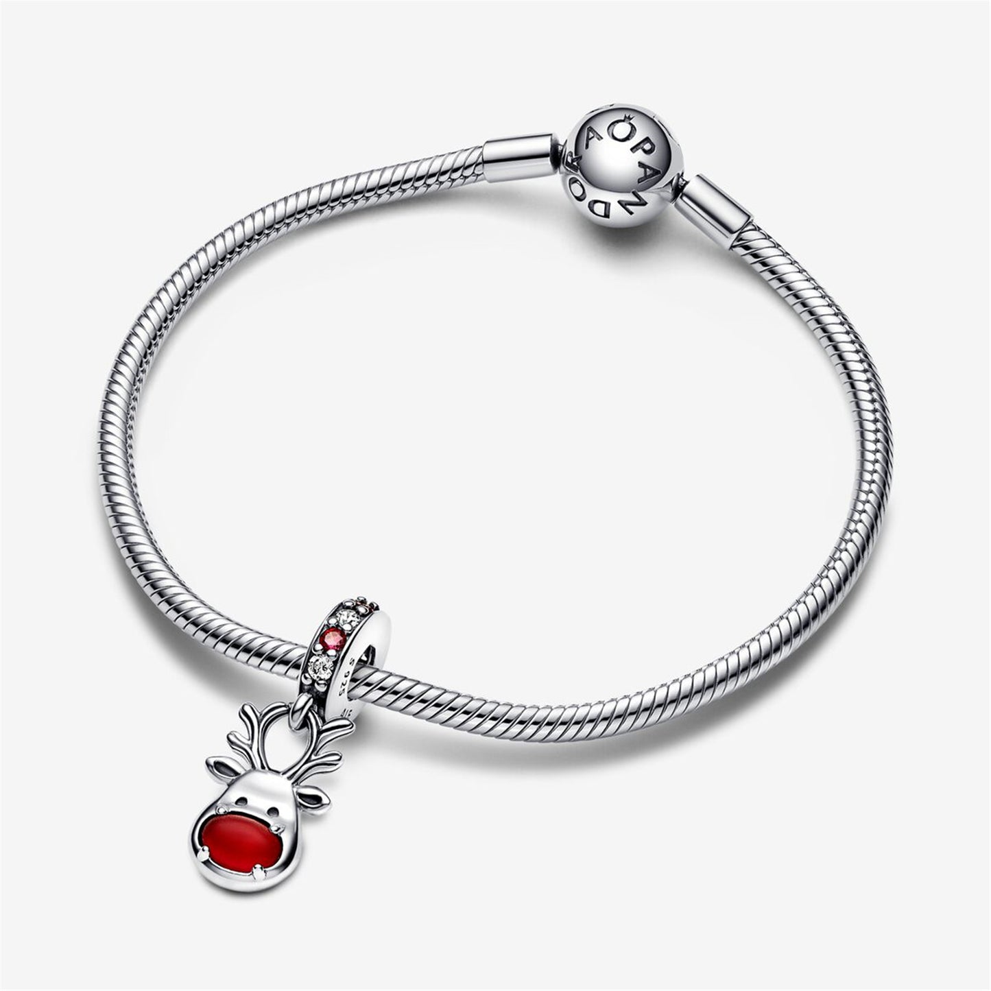 S925 Sterling Silver Red Nose Reindeer Murano Dangle Charm