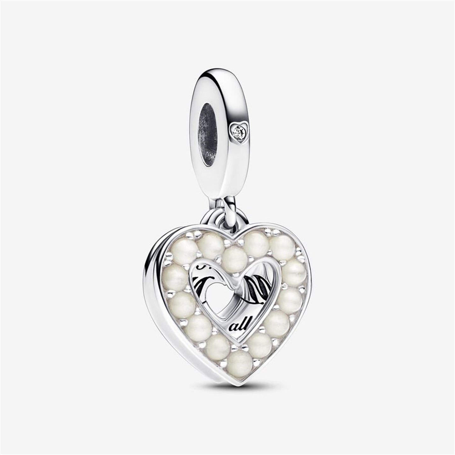 S925 Sterling Silver Pearlescent White Heart Mum Double Dangle Charm