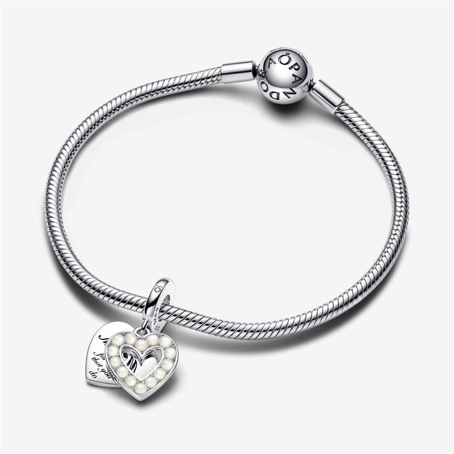 S925 Sterling Silver Pearlescent White Heart Mum Double Dangle Charm