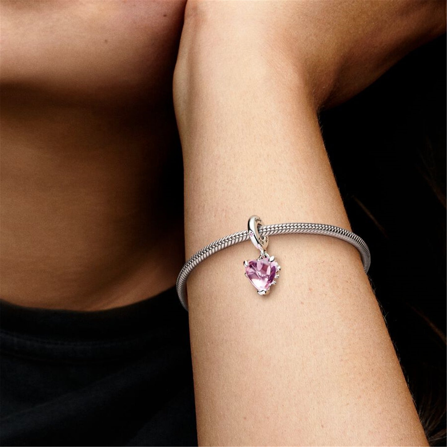 S925 Sterling Silver Pink Family Tree & Heart Dangle Charm