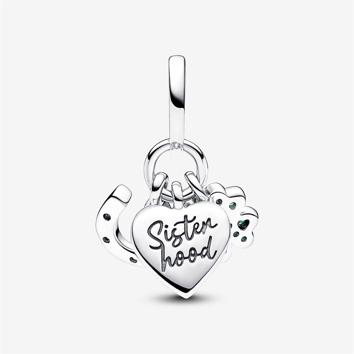S925 Sterling Silver Four Leaf Clover, Heart and Horseshoe Triple Dangle Charm