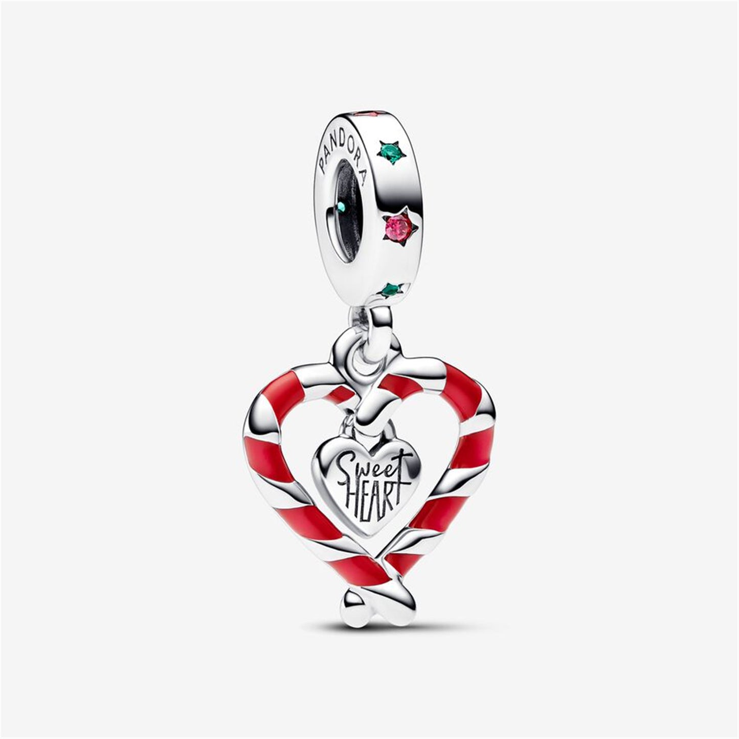 S925 Sterling Silver Double Candy Cane Heart Christmas Dangle Charm