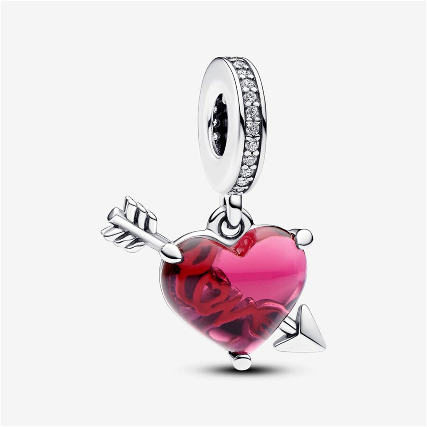 S925 Sterling Silver Red Heart & Arrow Murano Glass Dangle Charm