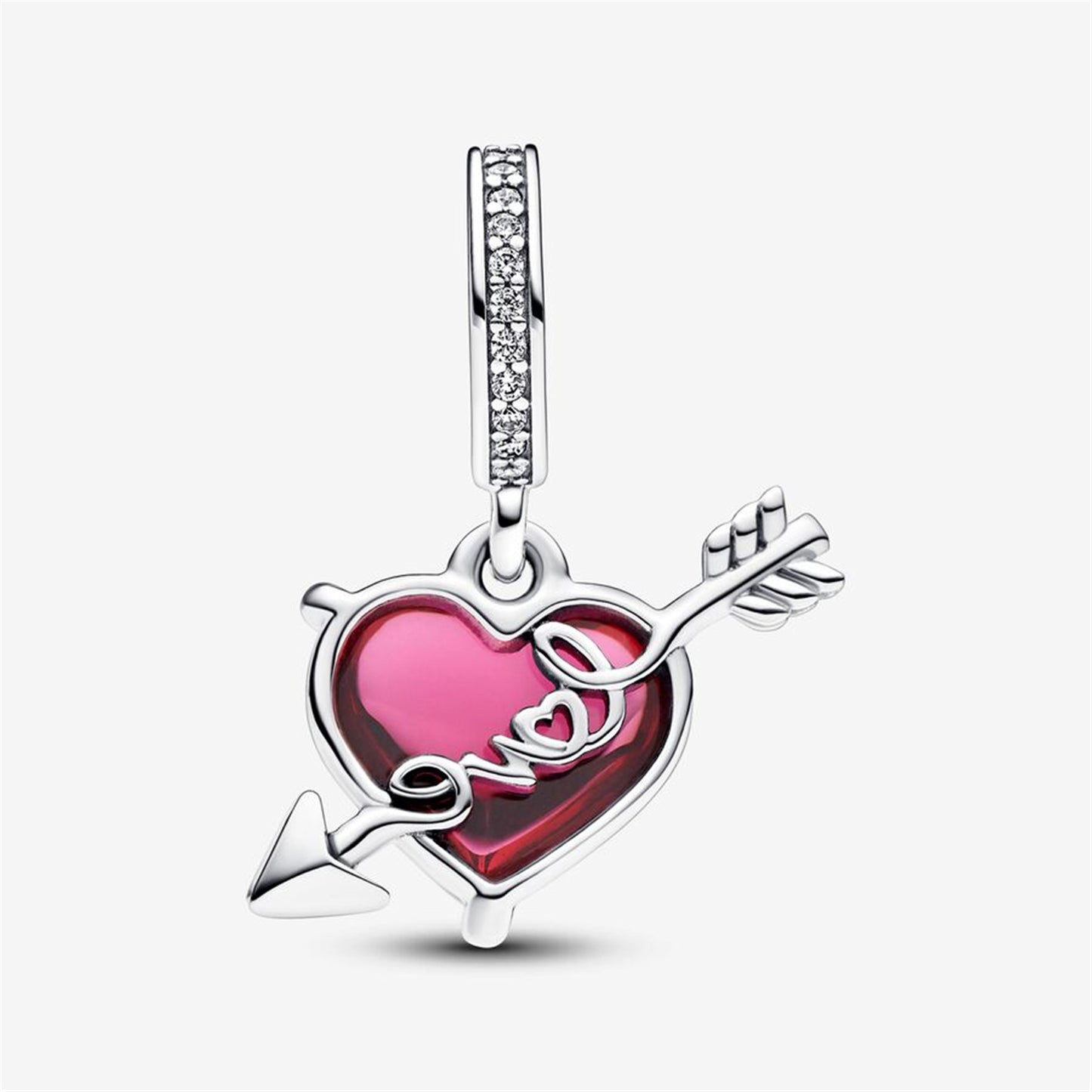 S925 Sterling Silver Red Heart & Arrow Murano Glass Dangle Charm