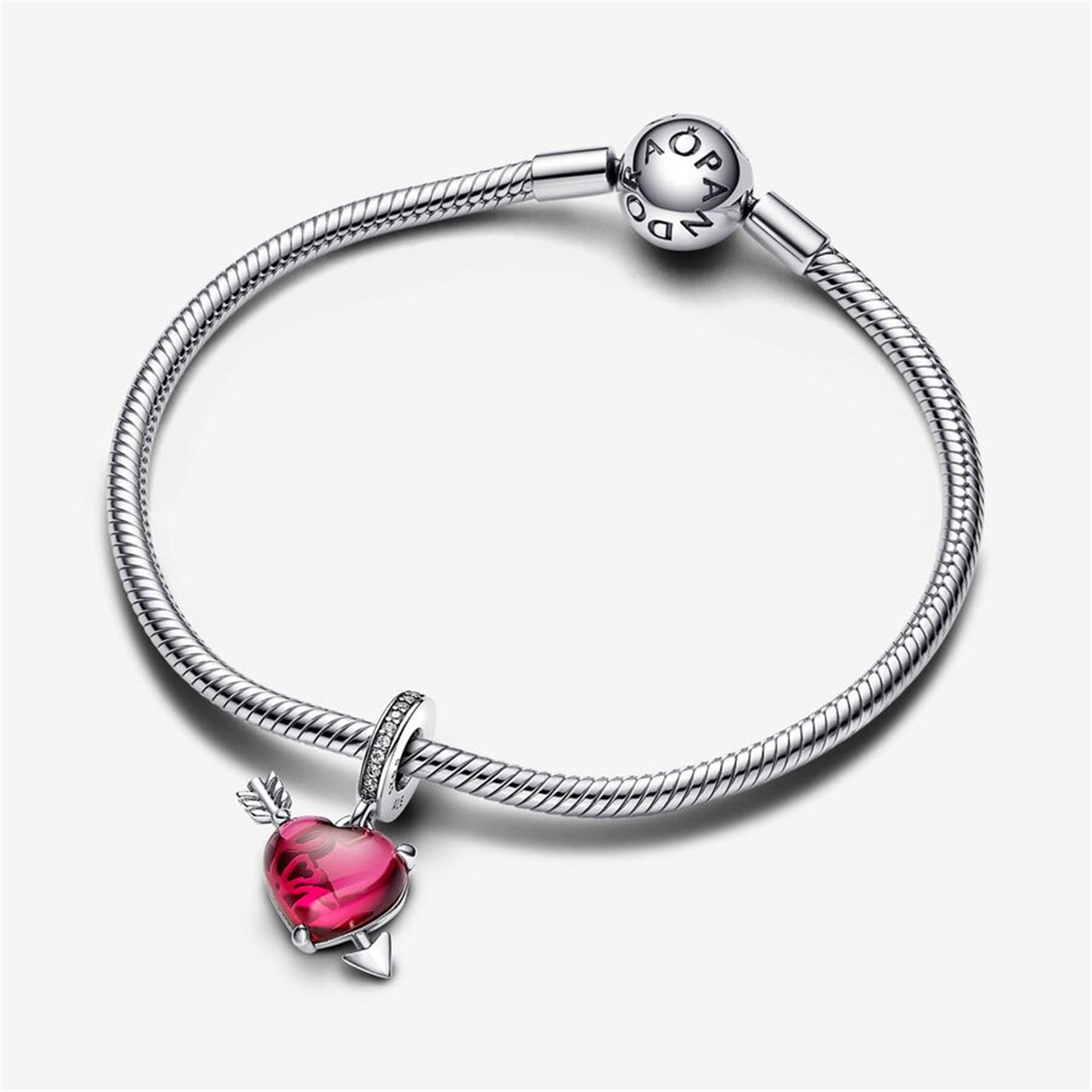 S925 Sterling Silver Red Heart & Arrow Murano Glass Dangle Charm