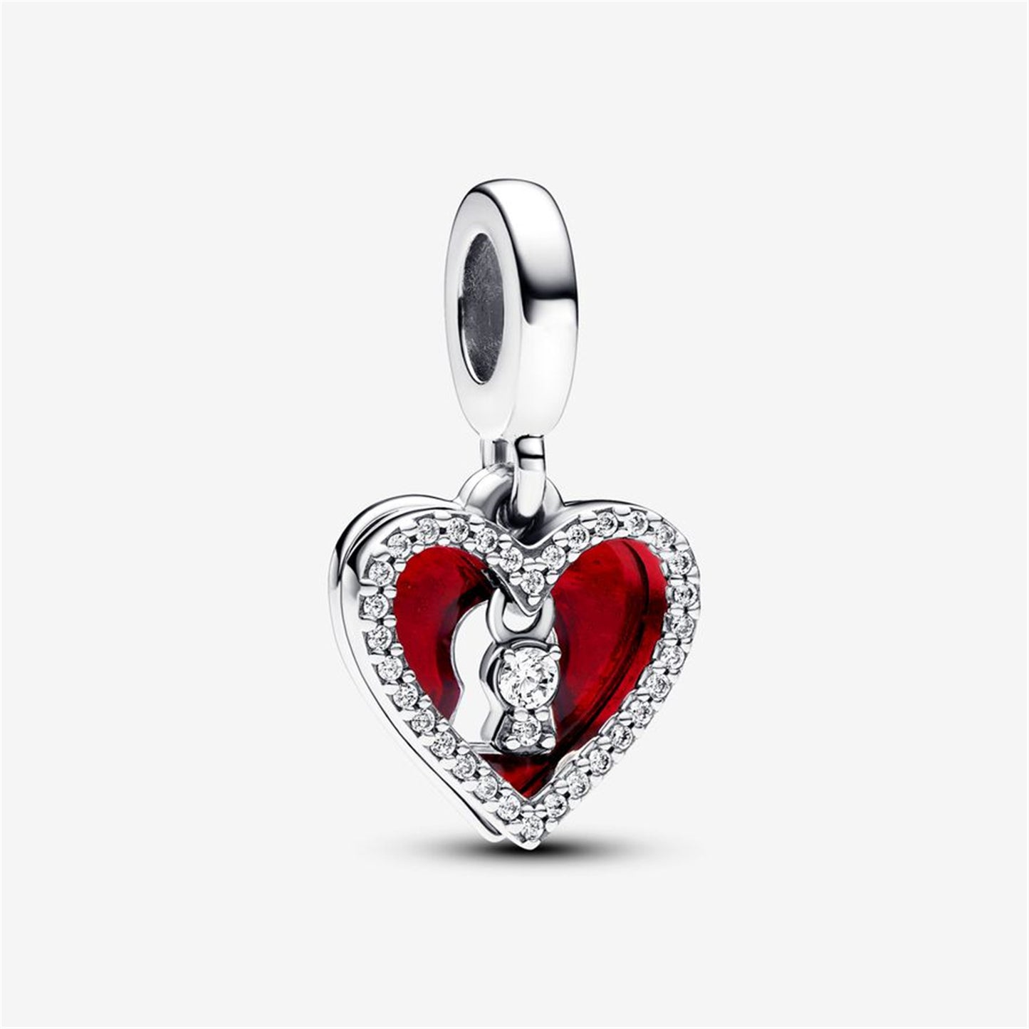 S925 Sterling Silver Red Heart & Keyhole Double Dangle Charm