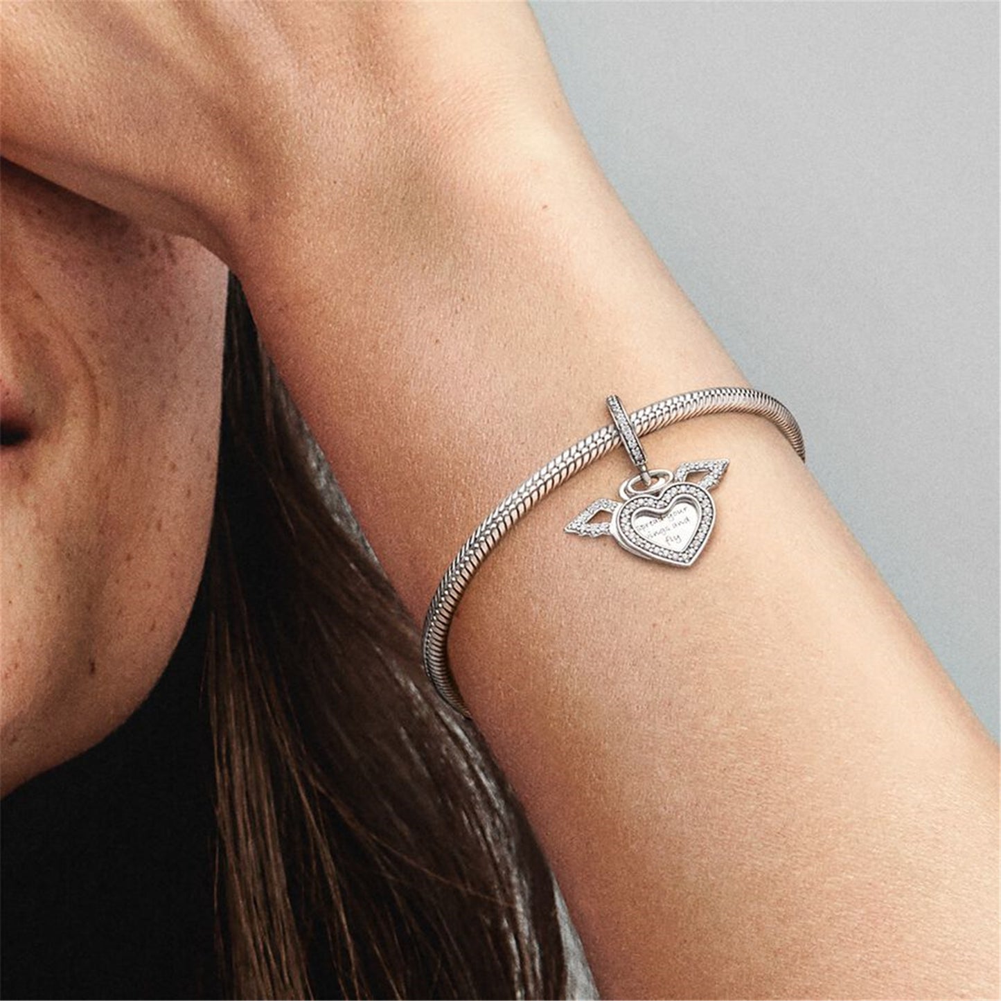 S925 Sterling Silver Heart and Angel Wings Dangle Charm