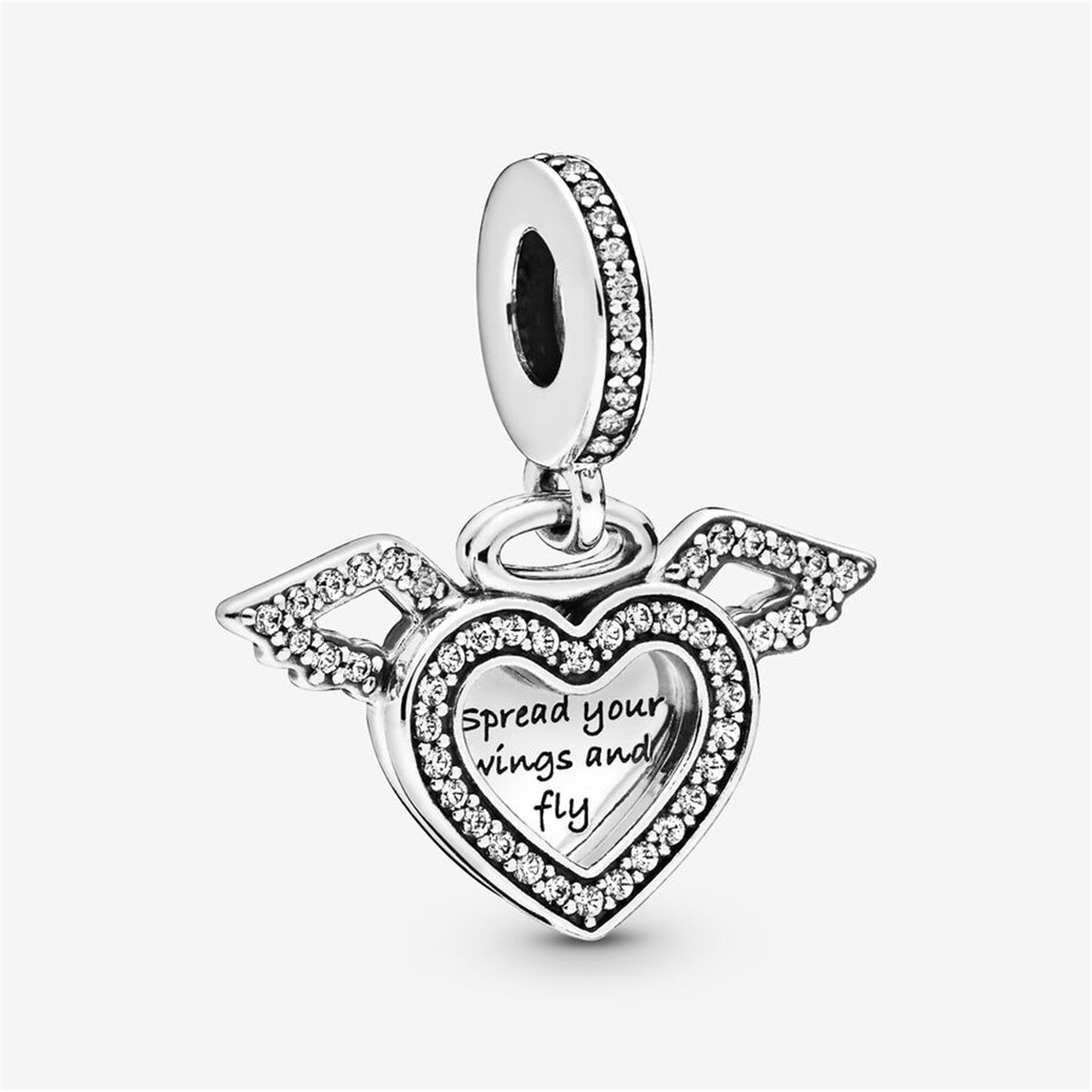 S925 Sterling Silver Heart and Angel Wings Dangle Charm