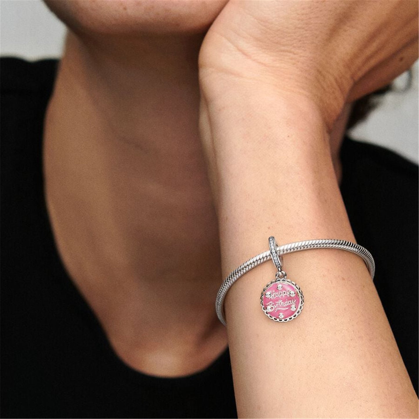S925 Sterling Silver Pink Birthday Cake Dangle Charm