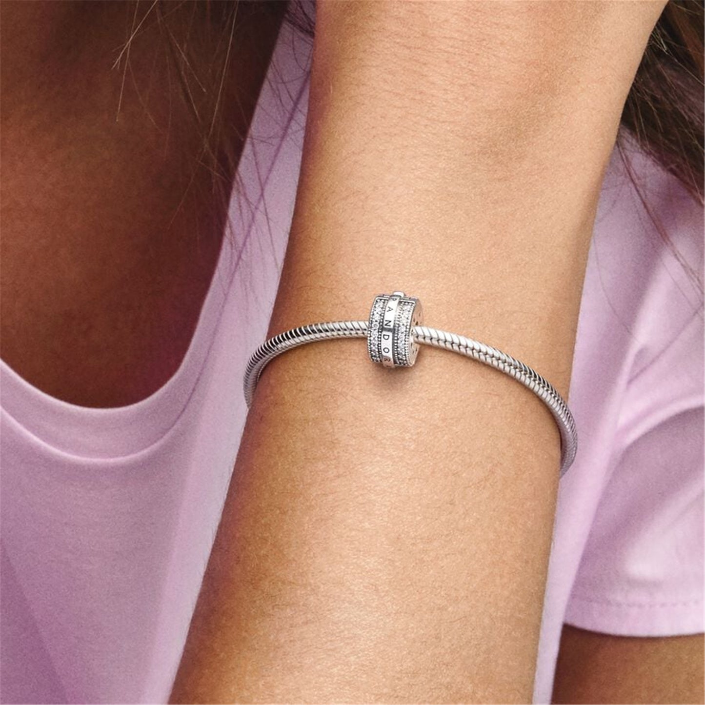 S925 sterling silver Sparkling Pavé Lines & Logo Clip Charm