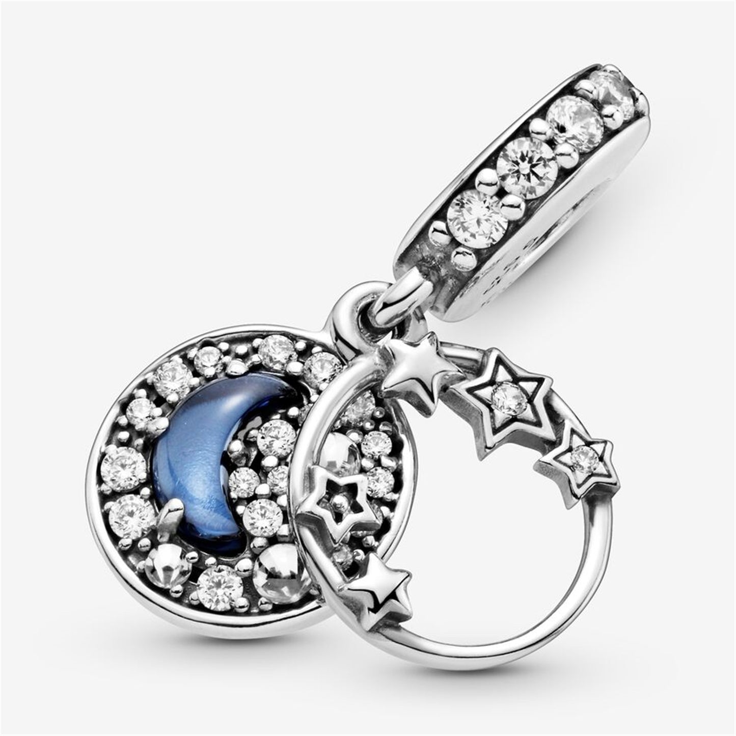 S925 Sterling Silver Blue Night Sky Crescent Moon & Stars Dangle Charm