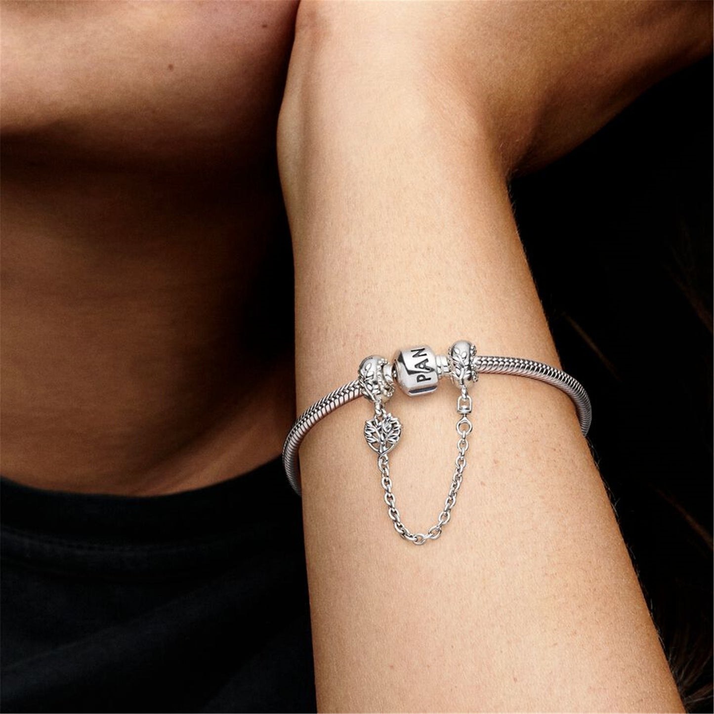 S925 Sterling Silver Heart Family Tree Safety Chain Charm