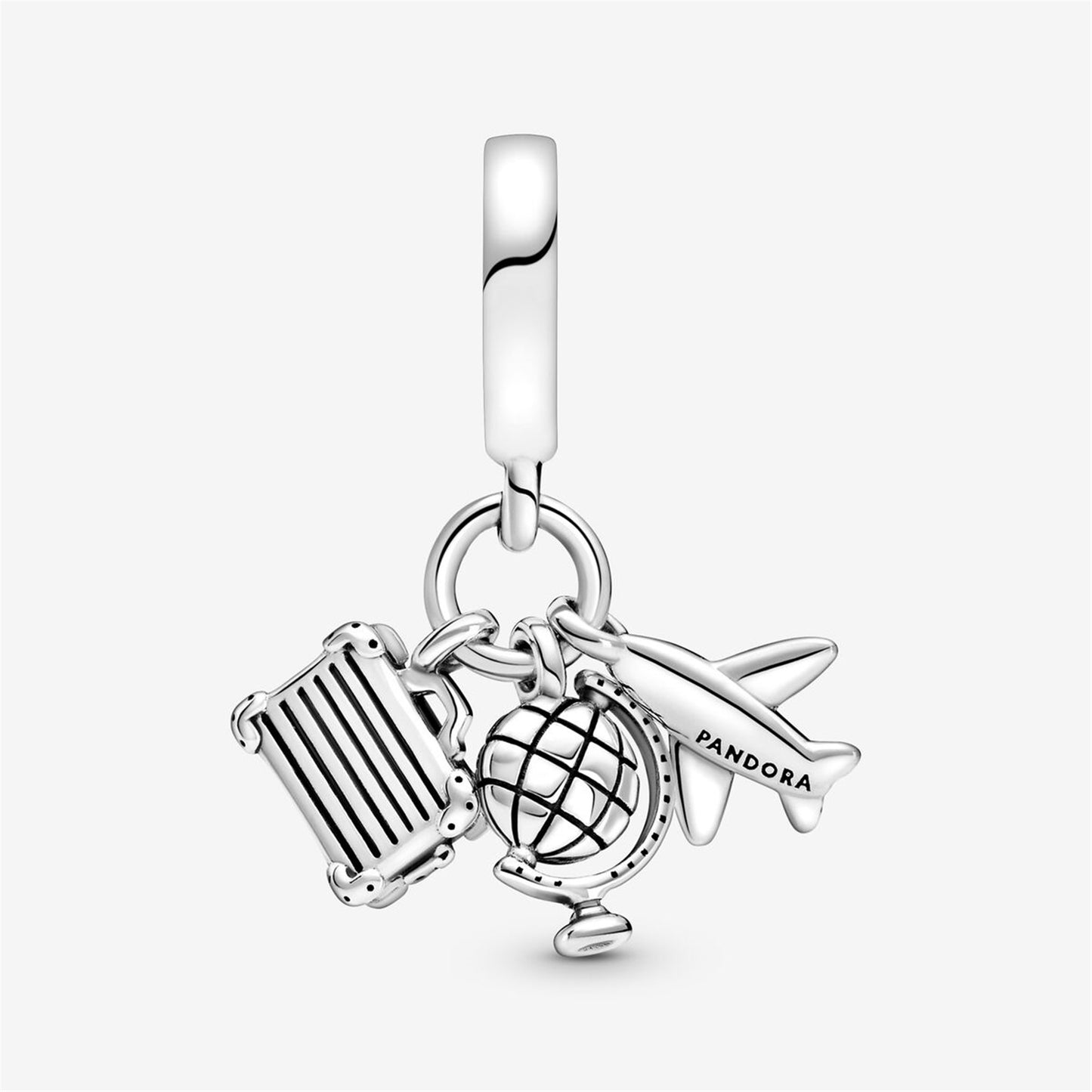 S925 Sterling Silver Airplane, Globe & Suitcase Triple Dangle Charm