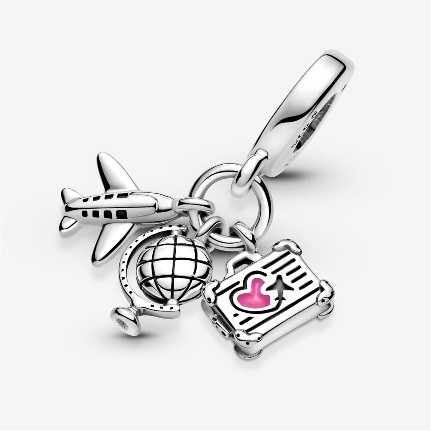 S925 Sterling Silver Airplane, Globe & Suitcase Triple Dangle Charm