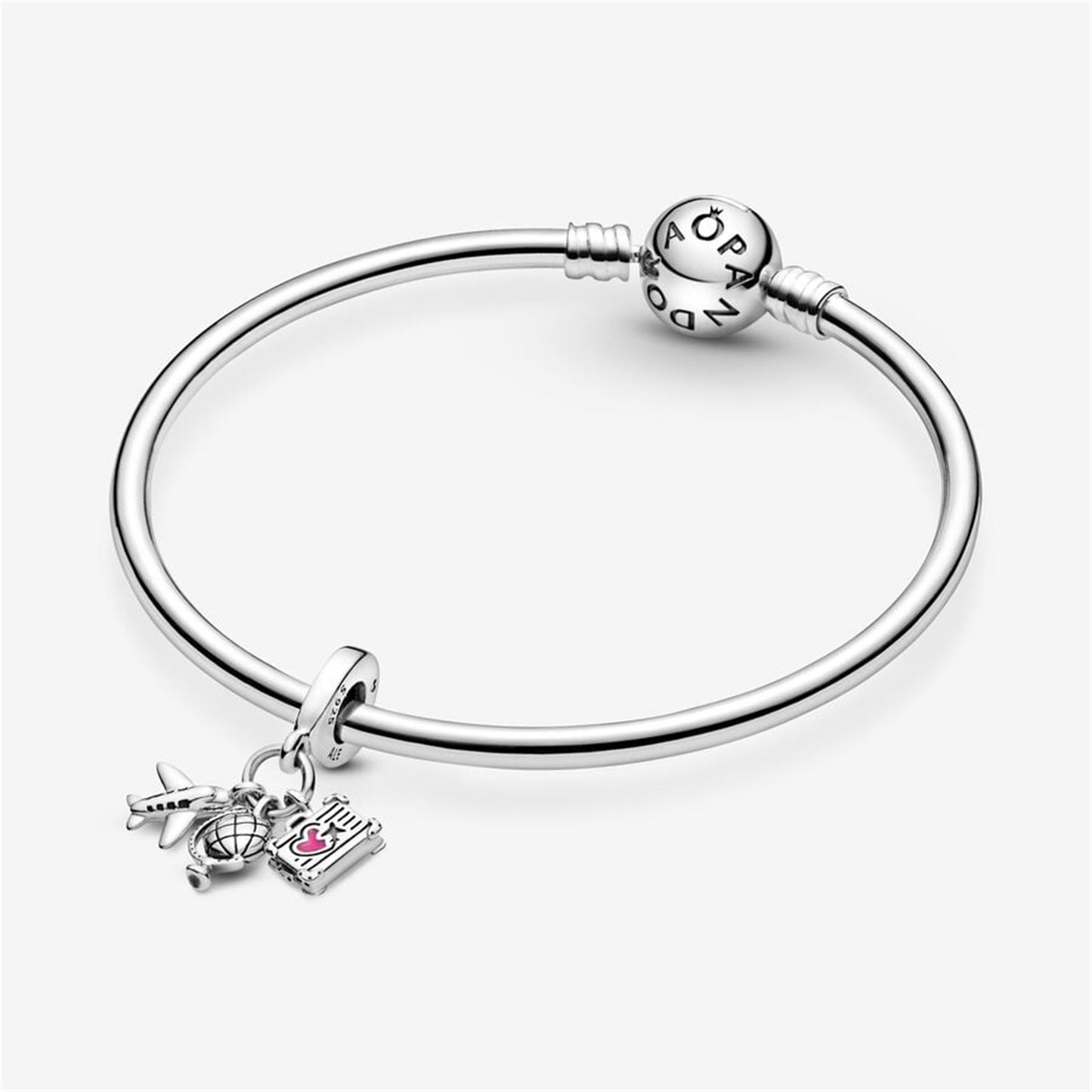 S925 Sterling Silver Airplane, Globe & Suitcase Triple Dangle Charm