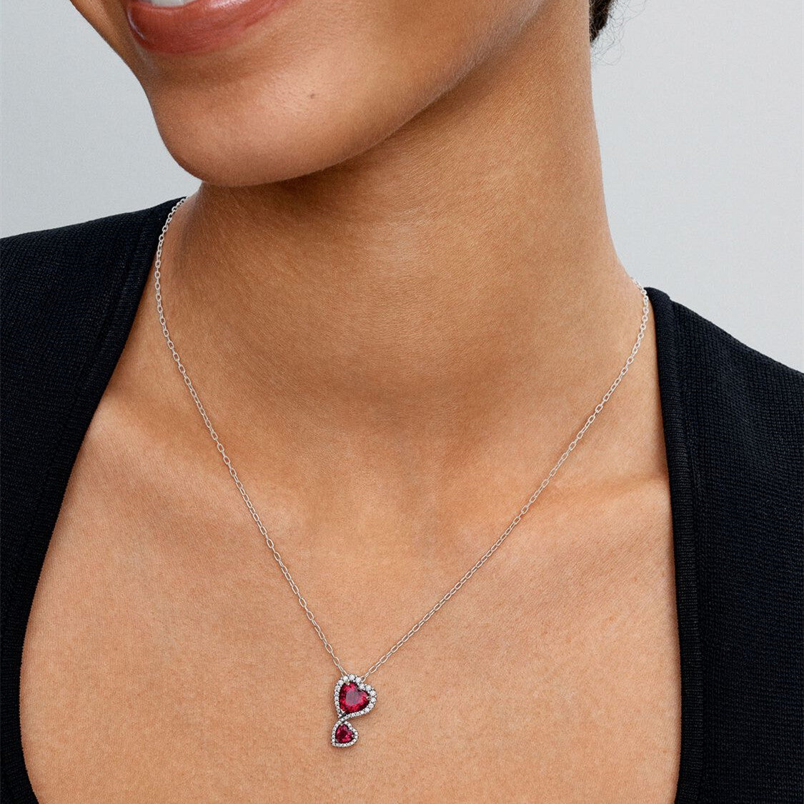 S925 Sterling Silver Red Halo Hearts Pendant Necklace