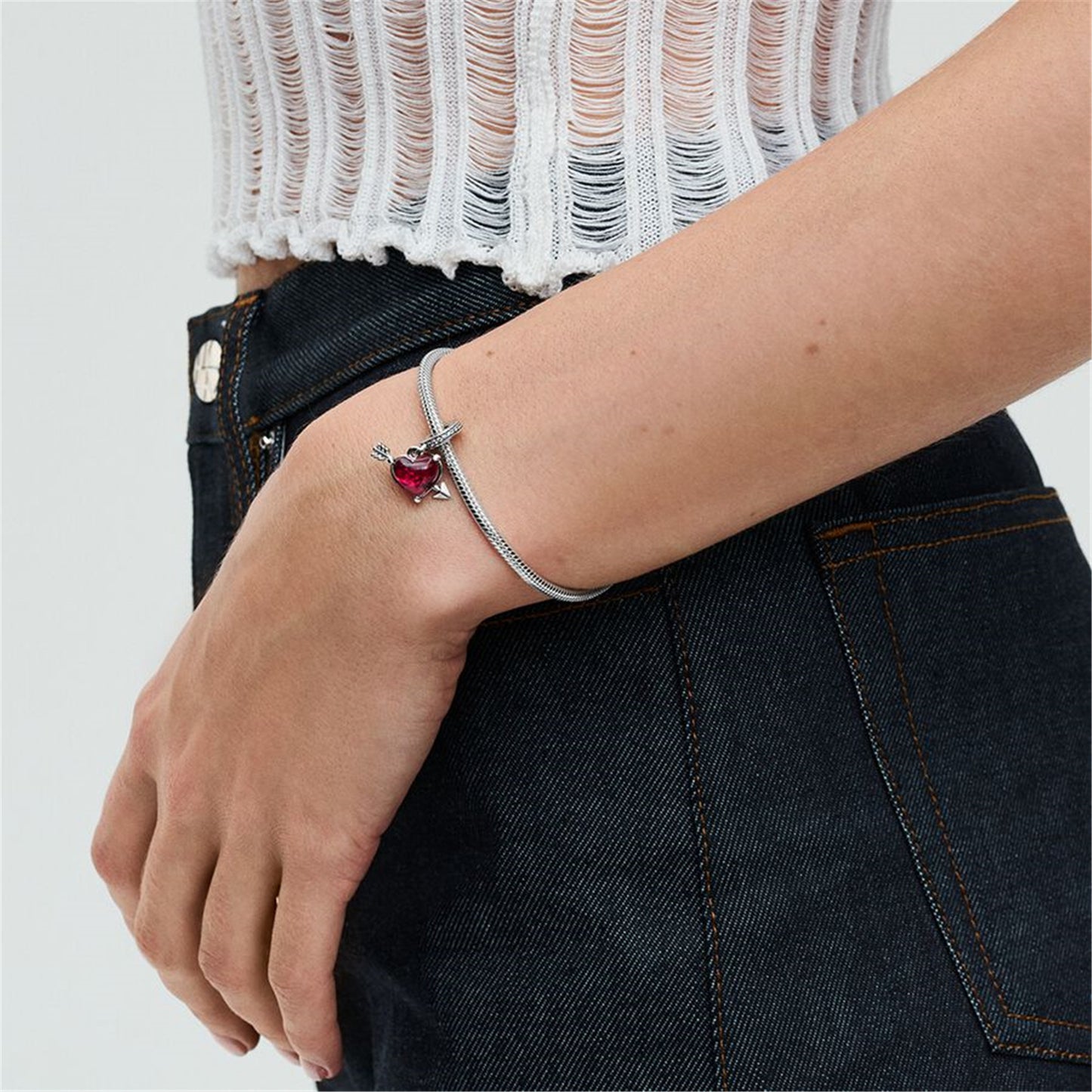 S925 Sterling Silver Red Heart & Arrow Murano Glass Dangle Charm