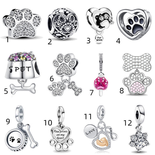 S925 Sterling Silver Animal Footprints Heart-Shaped Zircon Beading Series Charm