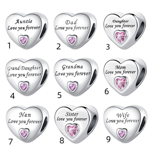 S925 Sterling Silver Family heart Beaded t Series Charm