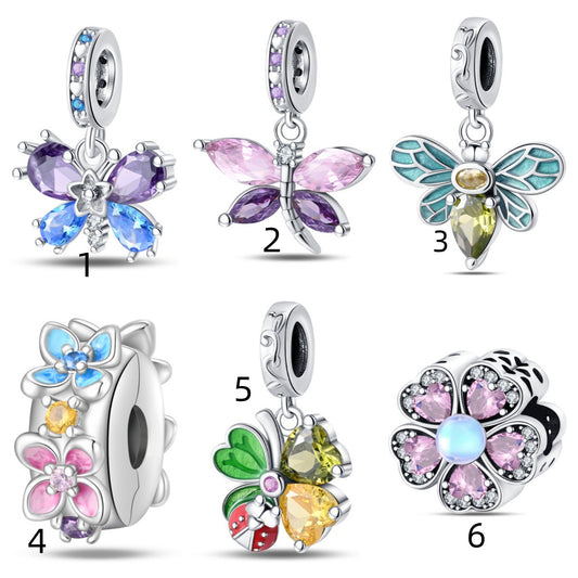 925 Sterling Silver Zircon Butterfly Four-Leaf Clover Pendant Series Charm