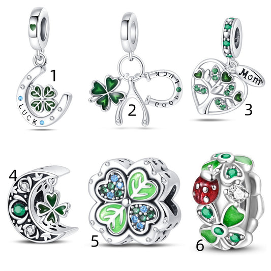 925 Sterling Silver Moon Four-leaf Clover Beaded Series Charm