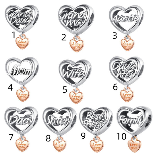 S925 Sterling Silver Beautiful Family Heart Beaded Series Charm