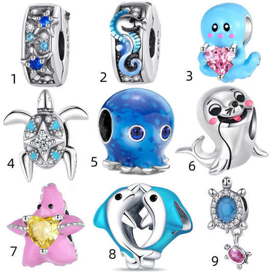 S925 Sterling Silver Turtle Dolphin Blue Beading Series Charm